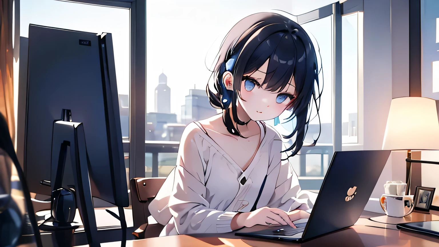 Lo-fi music vibes、Please draw me a cute anime style illustration。
Please draw an illustration of a cute girl wearing earphones..。
night。8 p.m.。Outside the window is a city background。Head to waist。sitting on a chair in a cafe。An open laptop on a cafe table。Working on a laptop with earphones。Eyes on the monitor。Black hair color。Please draw an illustration of a cute girl with earphones in her ears.。Use pastel and soft colors、Expressing a gentle atmosphere。The light shines。
As an accent color、Use vibrant colors。
Keep the color wheel in mind、Maintain a consistent color scheme。