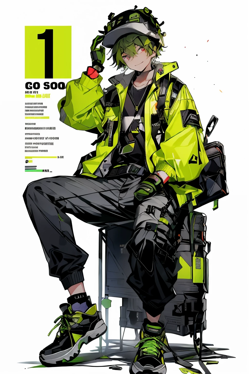 solo, looking_at_viewer, smile, green_hair, simple_background, shirt, red_eyes, hat, gloves, 1girl, sitting, jacket, full_body, female_focus, open_clothes, shoes, black_gloves, pants, bag, open_jacket, green_jacket, yellow_eyes, black_headwear, black_pants, sneakers, grey_shirt, hand_in_pocket