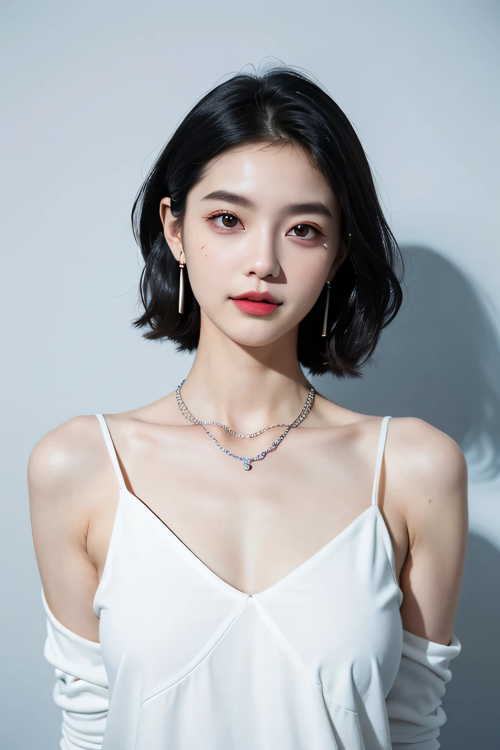 (Extra detailed body、The face is rich in detail、Best quality:1.2)、woman、looking at the audience、(quirky fashion、Large shoulder-length piercing、A necklace、Clothes with strong contrast of gray, blue, white and black、Asymmetry)、(Contrasting white and gray wall on background),Smiling