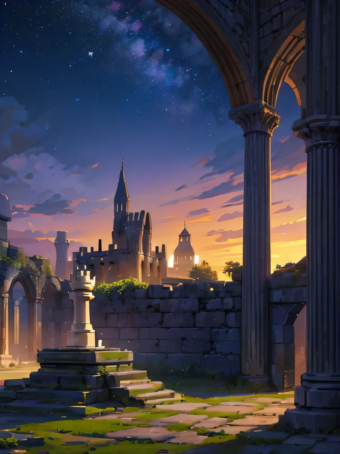 (PIXEL ART) beautifully detailed CHESS PIECE, (medieval ruins) BEAUTIFUL LANDSCAPE IN BACKGROUND morning NIGHT STARS