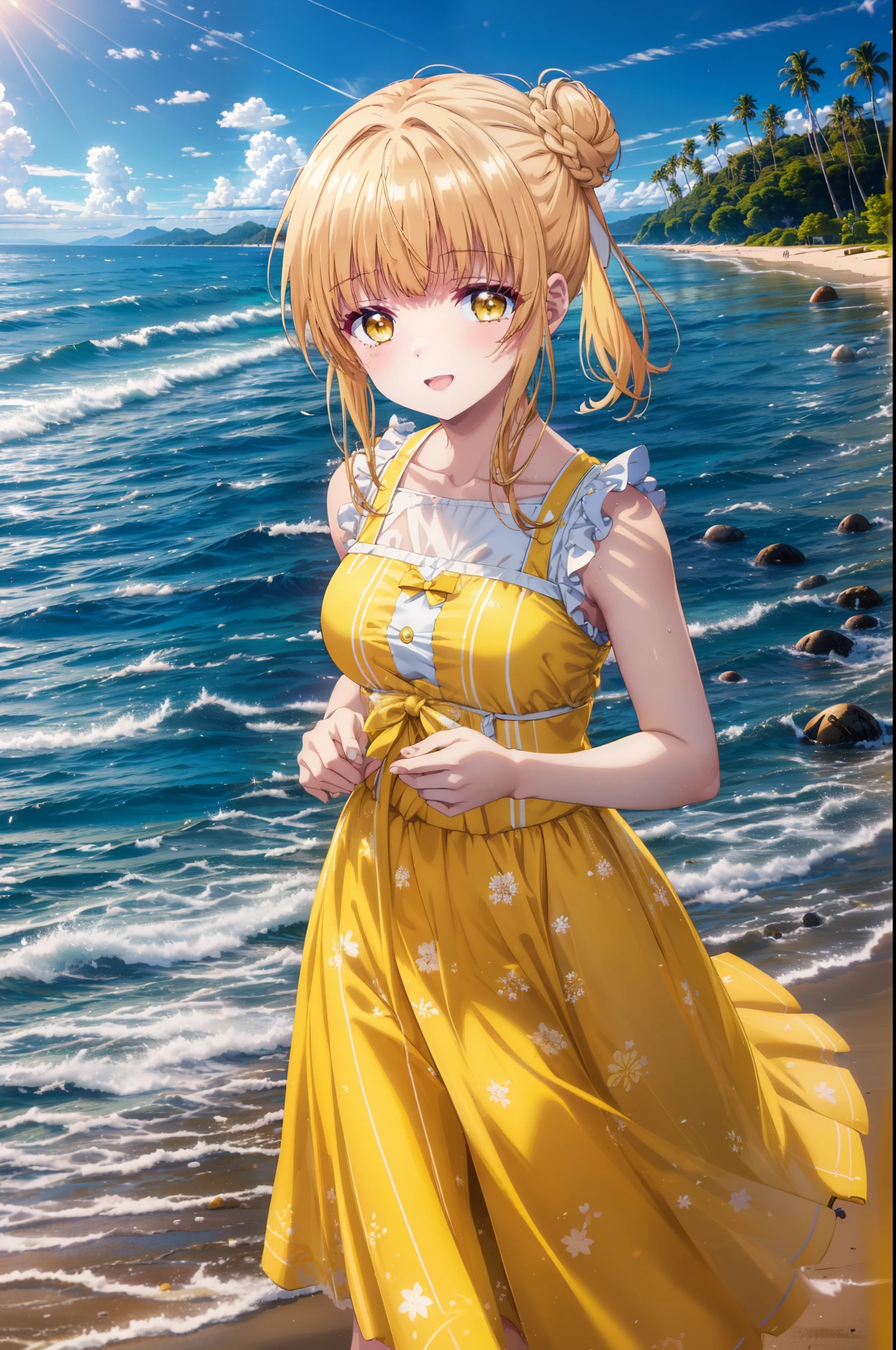 mahirushiina, Mahiru shiina, Long Hair, bangs, Blonde Hair, Brown Hair, (Yellow Eyes:1.3), happy smile, smile, Open your mouth,smile,Black jacket,Hair Bun, double  Hair Bun,Yellow sleeveless dress,Yellow long skirt､barefoot,Strolling on the sandy beach,True Summer,Daytime,coastal通,whole bodyがイラストに入るように,
break outdoors, coastal,
break looking at viewer, whole body,
break (masterpiece:1.2), highest quality, High resolution, unity 8k wallpaper, (figure:0.8), (Beautiful fine details:1.6), Highly detailed face, Perfect lighting, Highly detailed CG, (Perfect hands, Perfect Anatomy),