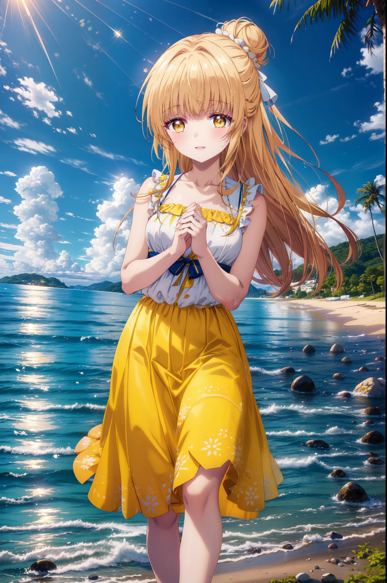 mahirushiina, Mahiru shiina, Long Hair, bangs, Blonde Hair, Brown Hair, (Yellow Eyes:1.3), happy smile, smile, Open your mouth,smile,Black jacket,Hair Bun, double Hair Bun,Yellow sleeveless dress,Yellow long skirt、barefoot,Strolling on the sandy beach,True Summer,Daytime,coastal通,whole bodyがイラストに入るように,
break outdoors, coastal,
break looking at viewer, whole body,
break (masterpiece:1.2), highest quality, High resolution, unity 8k wallpaper, (figure:0.8), (Beautiful fine details:1.6), Highly detailed face, Perfect lighting, Highly detailed CG, (Perfect hands, Perfect Anatomy),