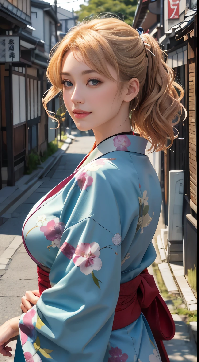 Tabletop, highest quality、Realistic, ( Intricate details, Depth of written boundary)、Hyperrealism, 8k, highest quality, Super detailed, retina, Very detailed, Perfect Face, Perfect body, Huge breasts, narrow, Very big ass, Glamour, indirect lighting, Blonde、Wavy Hair, short hair、Beautiful woman（20th Generation）, Perfect appearance, smile, Lolita, Oily skin、Glowing Skin, Beautiful natural place、 Anatomically correct、Scenery of Kyoto in Japan、Walking through the streets in a kimono、Her hair is tied up and she has a red hairpin on her head.