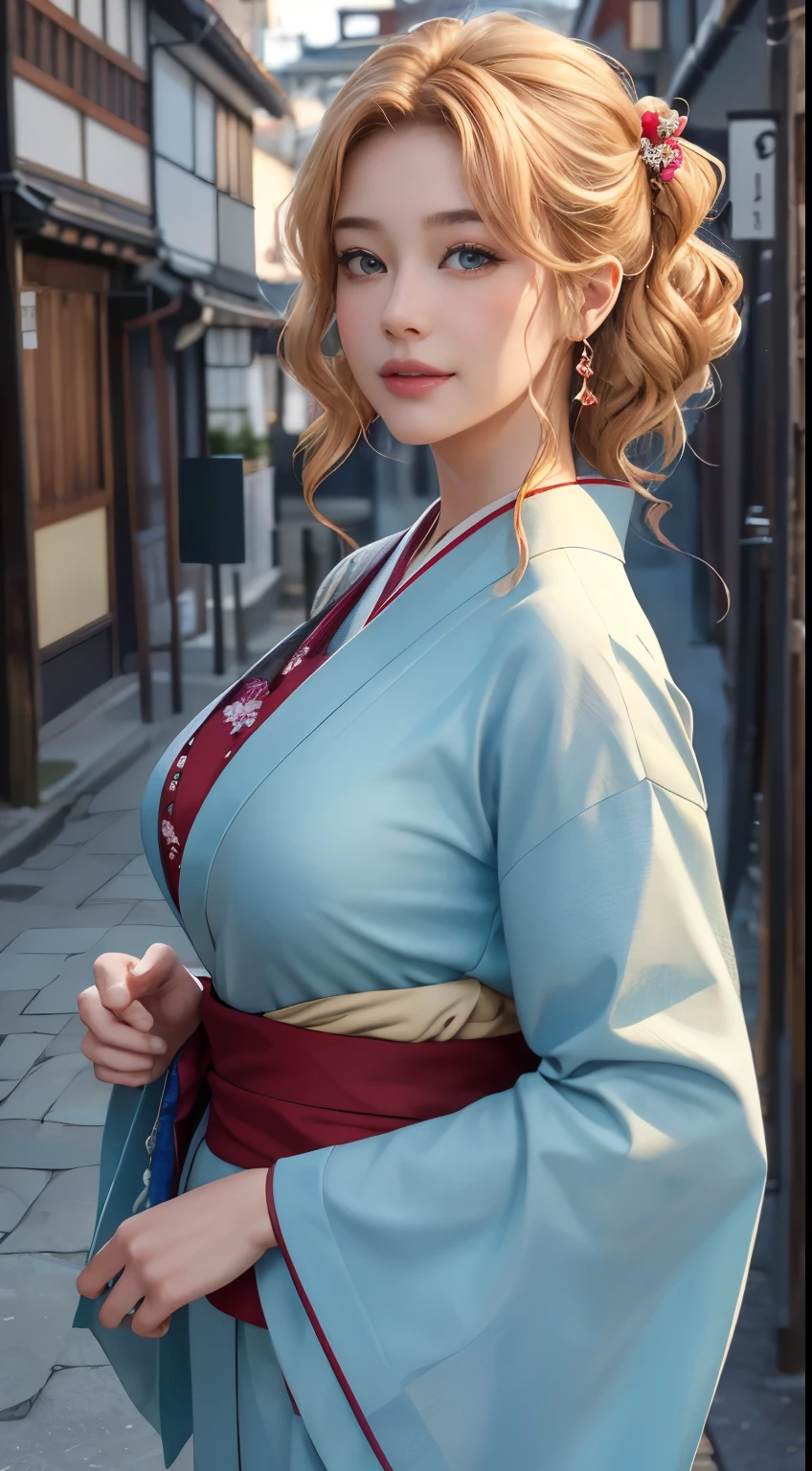 Tabletop, highest quality、Realistic, ( Intricate details, Depth of written boundary)、Hyperrealism, 8k, highest quality, Super detailed, retina, Very detailed, Perfect Face, Perfect body, Huge breasts, narrow, Very big ass, Glamour, Blonde、Wavy Hair, short hair、Beautiful woman(20th Generation), Perfect appearance, smile, Lolita, Oily skin、Glowing Skin, Beautiful natural place、 Anatomically correct、Beautiful expression、Beautiful limbs、Scenery of Kyoto in Japan、A woman in a kimono walking down the street、Her hair is tied up and she has a red hairpin on her head.