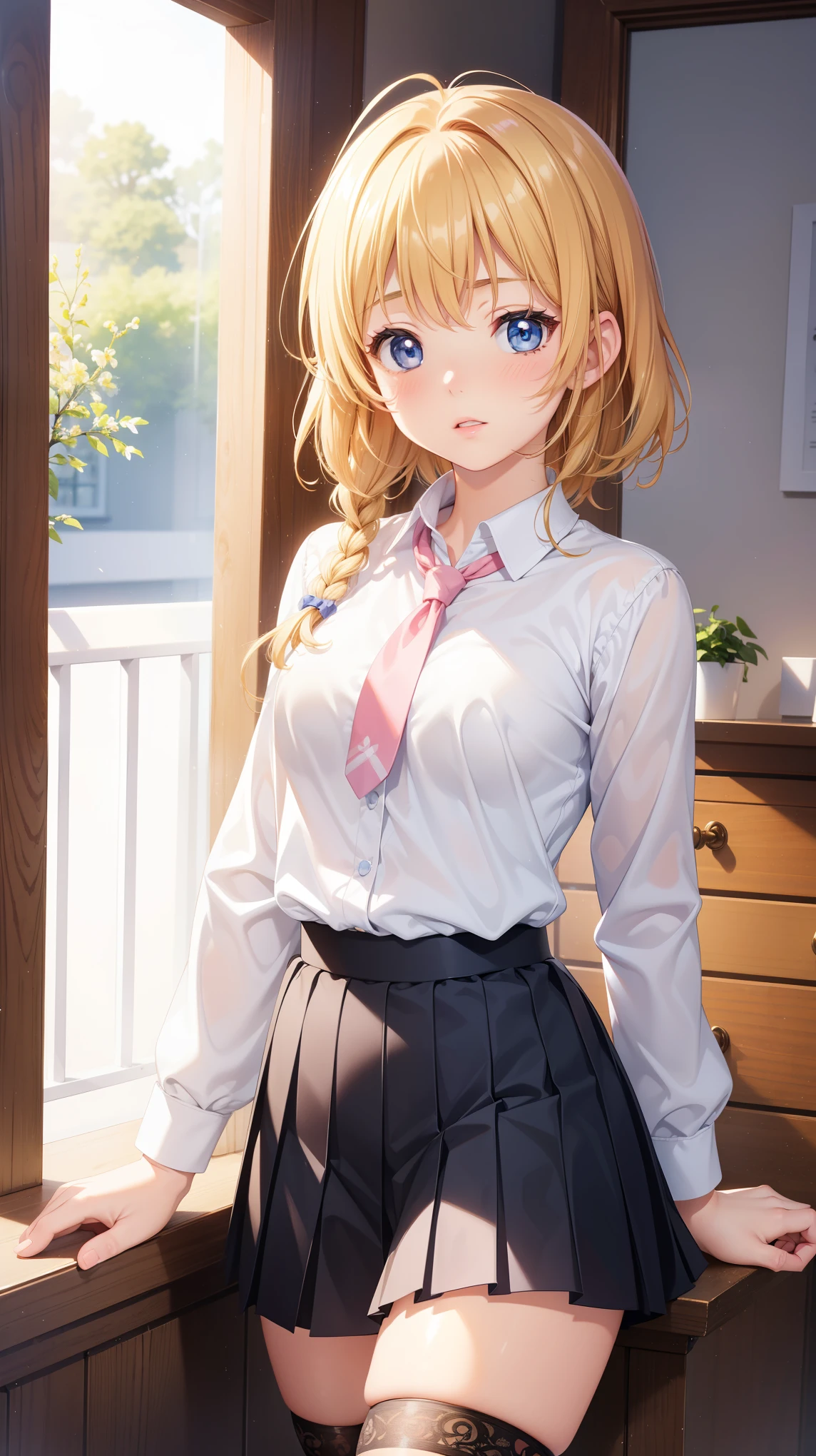 1girl, natural lighting, masterpiece, highly detailed, illustration, game CG, absurdres, high quality, kinomoto sakura, (18 year old girl), medium breasts, beautiful detailed eyes, glossy lips, natural lighting, blonde hair, blue eyes, school, white shirt, black pleated miniskirt, thigh highs