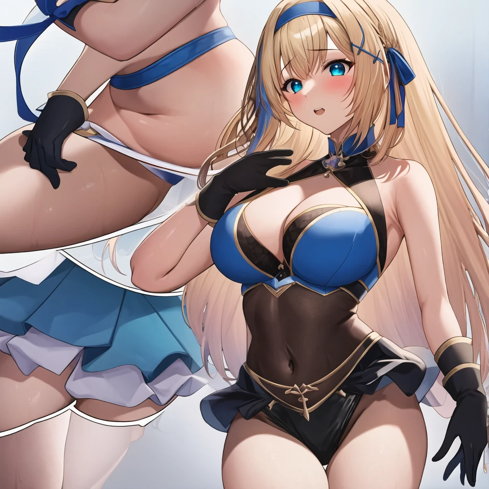 (masterpiece, best quality:1.2), 1girl, solo, blond hair, blue hairband, blue hair ribbon on the left, white-blue breast, black gloves, knight skirt, Solid color background