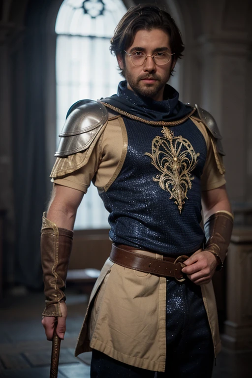 Un hechicero medieval joven con lentes, with cropped brown hair and short beard, sus vestiduras son azules con blanco y dorado, In his left hand he carries a staff with a blue gem and in his right hand he has fantasy-type blue sparkles, a little animated.