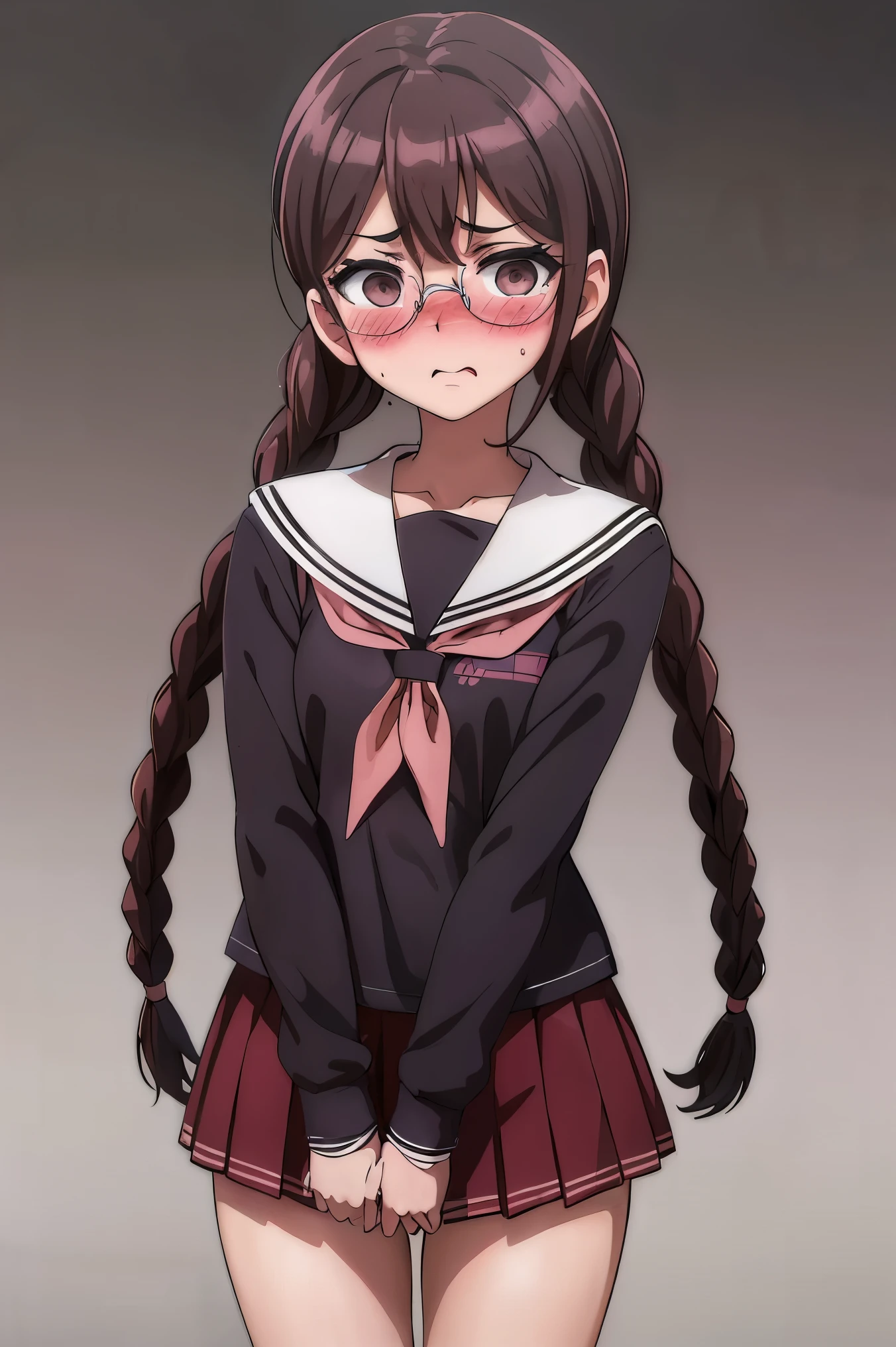 (masterpiece,highest quality,Ultra-high resolution),((Perfect Face, Perfect body、Perfect hands,Beautiful Eyes)),(whole body),(hair, braid, glasses, mole, twin braids, mole under mouth, round eyewear), (brown eyes:1.3),(skirt, shirt, long sleeves, , serafuku, sailor collar, neckerchief, black shirt, red neckerchief),(small tits),hentai,(blush、Embarrassing:1.6),standing,Hands clasped in front,simple back ground