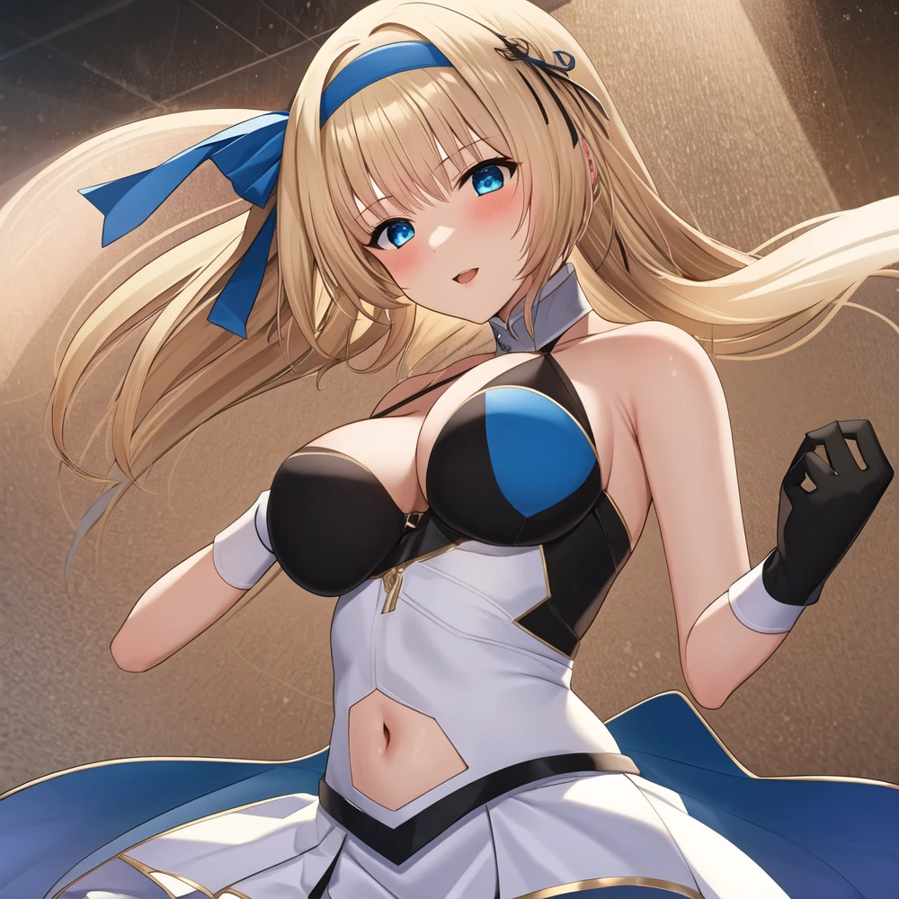 (masterpiece, best quality:1.2), 1girl, solo, blond hair, blue hairband, blue hair ribbon on the left, white-blue breast, black gloves, knight skirt, gray background