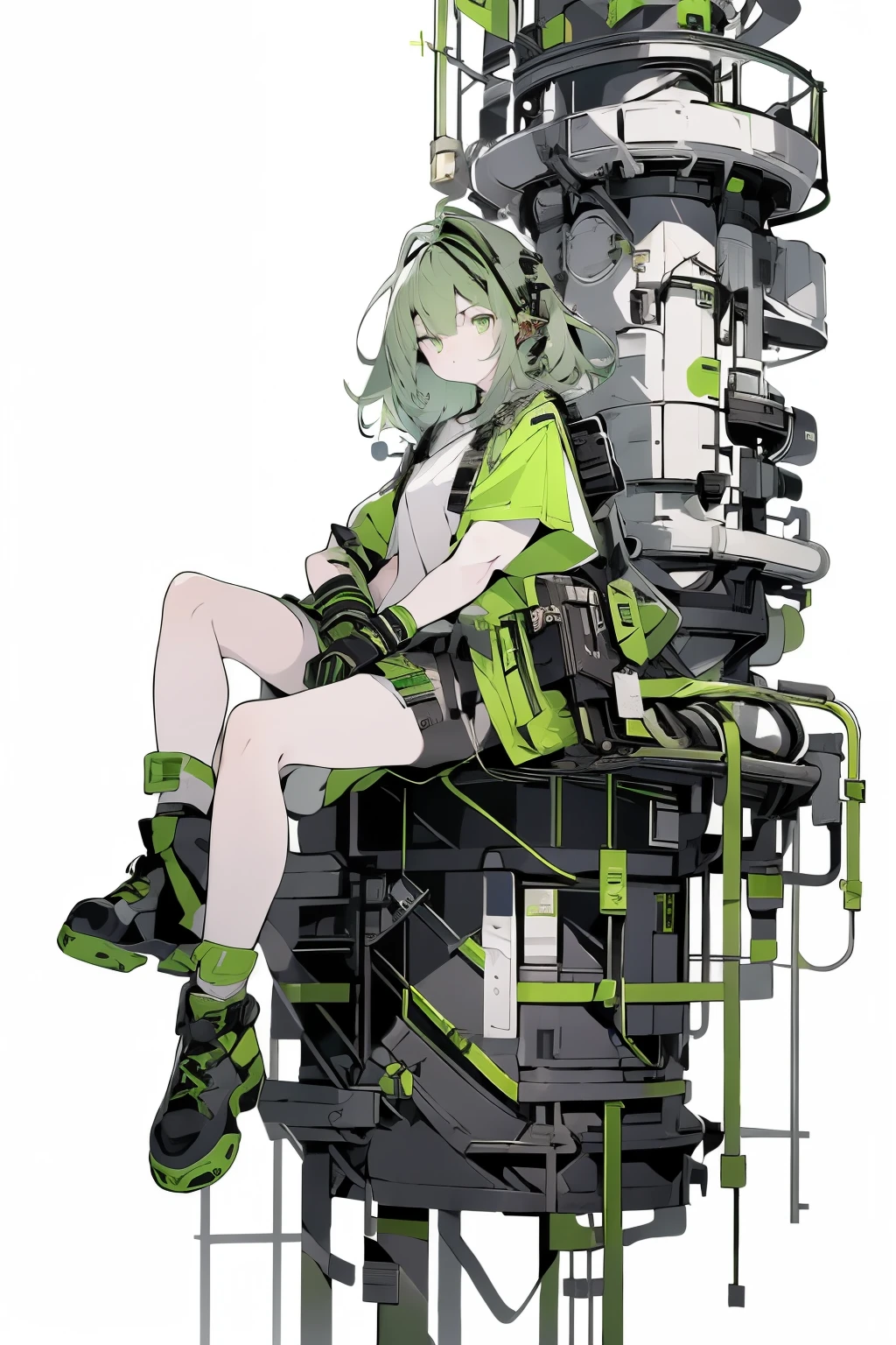 ((Full body shot)), ((No background)), ((White background)), line art, illustration, masterpiece, ultra detailed, high resolution, high quality, industrial, engineer,1girl, solo, green eyes, looking up, closed mouth, very long green hair, sitting down, wearing a green shirt, short green denim shorts, black boots