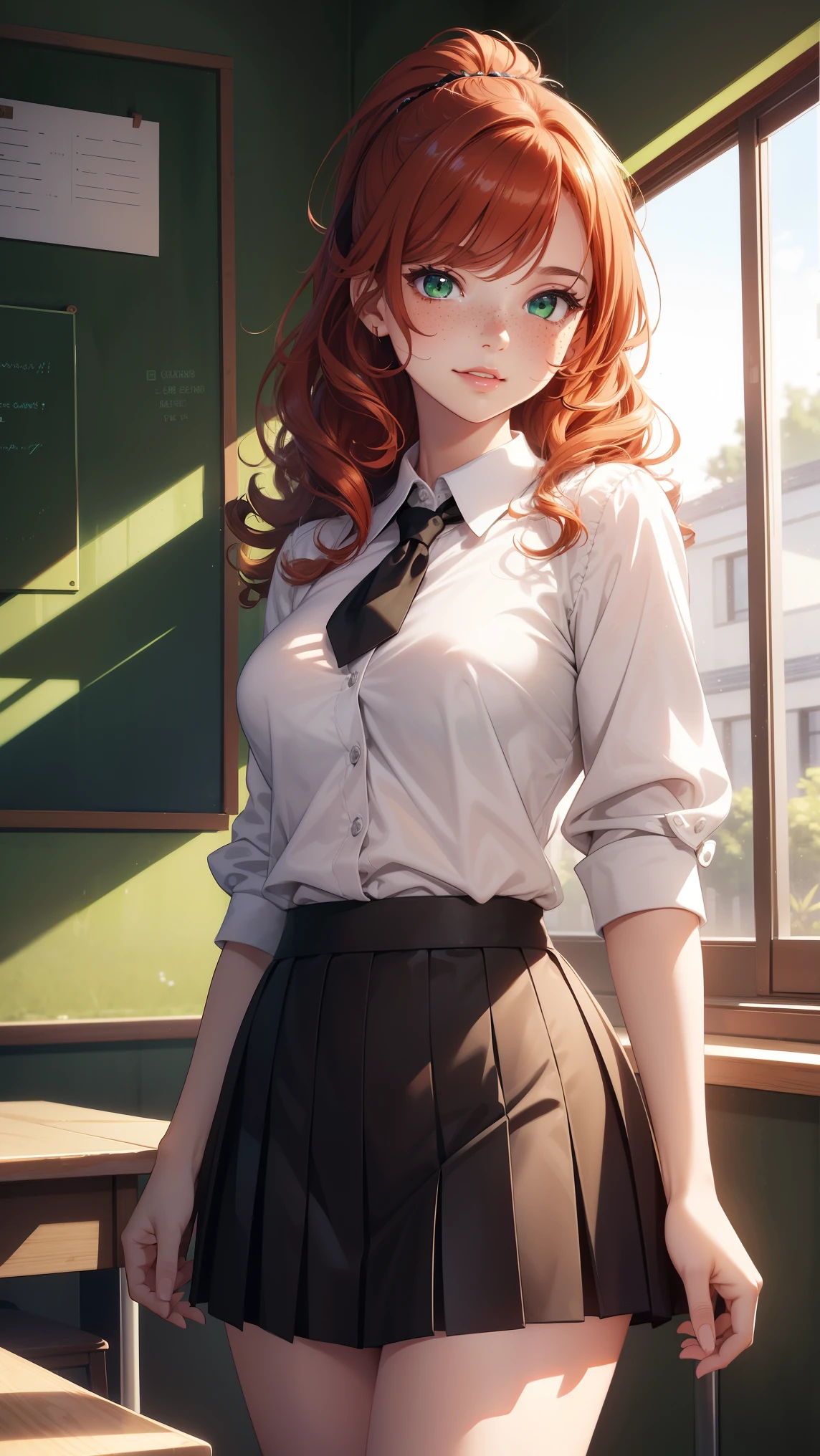 1girl, natural lighting, masterpiece, highly detailed, illustration, game CG, absurdres, high quality, beautiful detailed eyes, glossy lips, natural lighting, medium breasts, redhead, curly hair, ponytail, bangs, green eyes, freckles, white shirt, standing, school, pleated black miniskirt, smirk