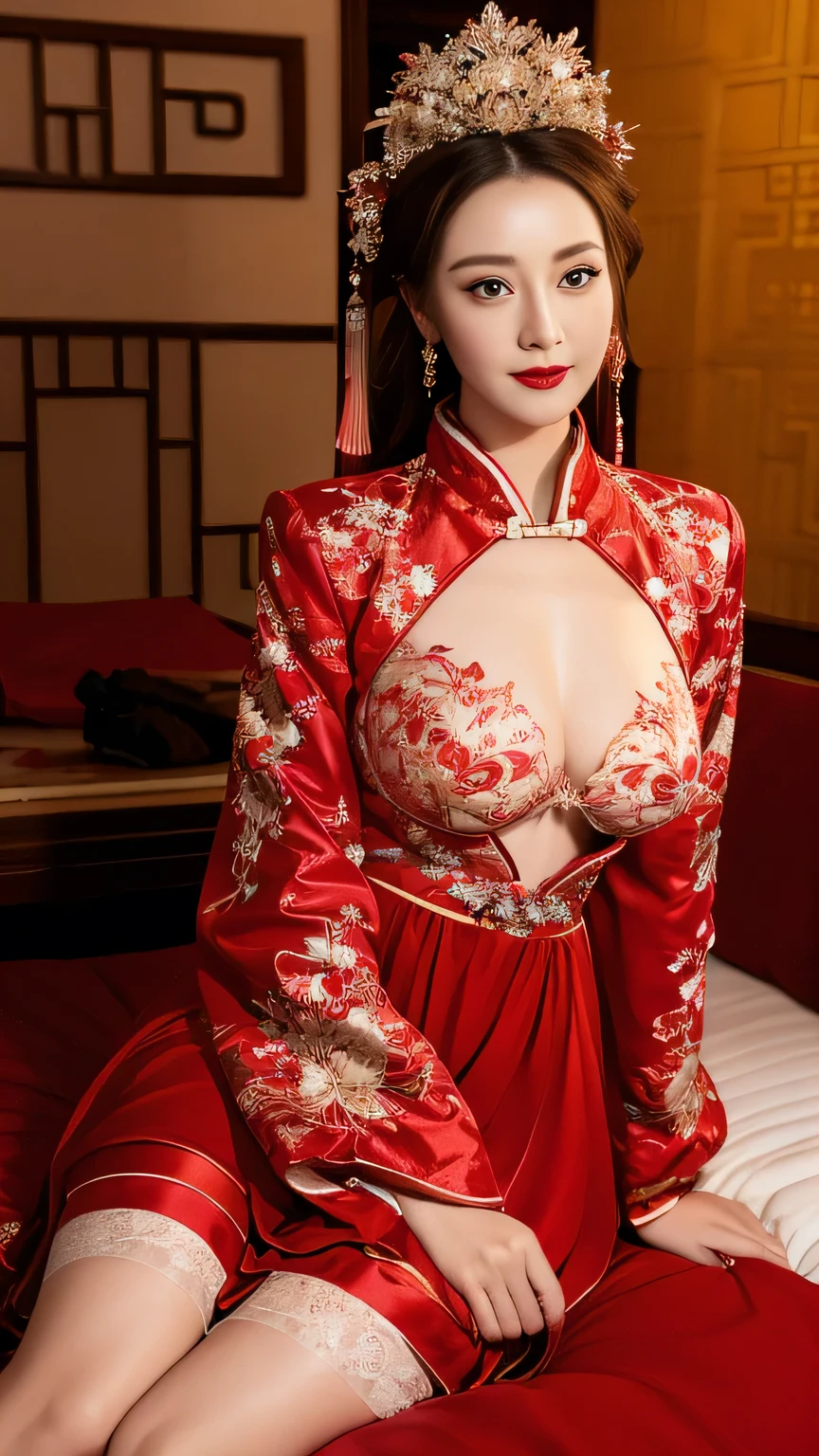 (Hyper-realistic 8K CG: 1.2), Perfect work of art, Exquisite patterns, Intricate details, (An unrivalled masterpiece, best quality: 1.2), (Extremely complex: 1.2), woman in red and gold dress, ((dark brown hair, Big tits:1.2 )), (Low-cut,Deep V),Phoenix Coronet, hair stick, (Red bed: 1.3), cosmetic, blush, Shy, (Smile),Black_hair, Looking at the audience, cosmetics, (Lace,silk), (chiffon:1.5),Show her breasts, (Faint areola:1.5),,Chinese_clothing, ((Red loose comfortable clothing:1.4)),(Large Breasts),D cup ,curtain, earrings, hair_decorate,Hanfu, Internal, Jewelry, Red nails, long_sleeve, (On the Red Bed,Red pillow:1.6) ,(minuscule underwear:1.5),Red Dress, red lips, tassel, (Red pillow,Red quilt), (Red Hi Word: 1.2), (ancient Chinese architecture),, night,(wedding),(Marriage room),Chinese style marriage room,(Phoenix Coronet:1.5),(bridal chamber),(joyful eyes:1.5),