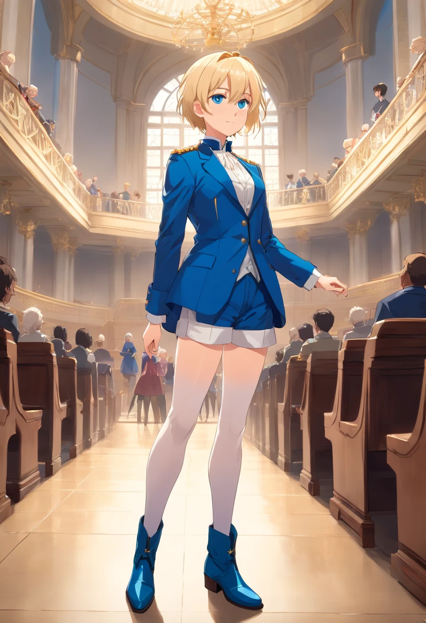 17 years old Women, ((Blonde)), ((Blue eyes)), ((Short hair)), ((Full shot)), dressed like a man at the court of Louis XVI, with white pants and riding boots, ((full Body))