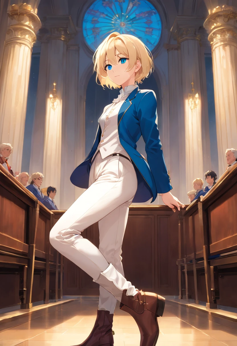 17 years old Women, ((Blonde)), ((Blue eyes)), ((Short hair)), ((Full shot)), dressed like a man at the court of Louis XVI, with white pants and riding boots, ((full Body))