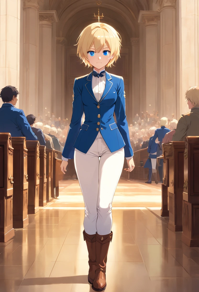 Women, ((Blonde)), ((Blue eyes)), ((Short hair)), ((Full shot)), dressed like a man at the court of Louis XVI, with white pants and riding boots, ((full Body))