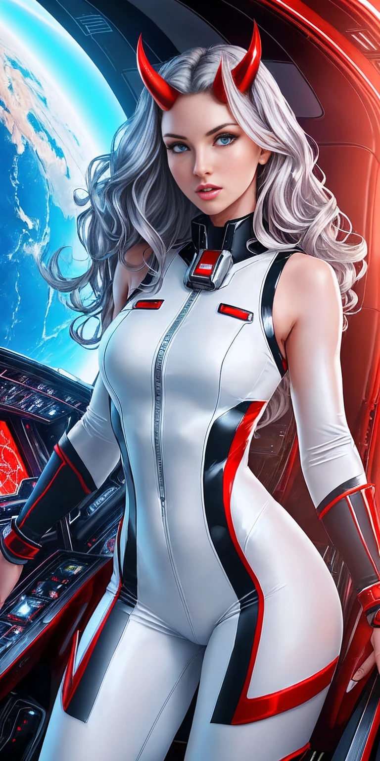 woman in her 20s (perfect face), defined jawline, beautiful lips (beautiful bright blue eyes) (long wavy bouncy silver hair) (RED skin:1.3) (perfect anatomy) (athletic body) (sexy) (perfect hands) (oni horns) (white futuristic sleeveless body suit, RED accents) (looking at viewer), (medium shot photograph) (spaceship cockpit background) photorealistic