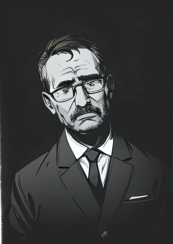 One 55 year old male, brown short hair, brown eyes, small thin moustache, profound and thoughtful expression, tired frown, wearing white collared buttoned up shirt with a black tie and jacket, wearing glasses, portrait style, facing forwards, plain grey background, add color