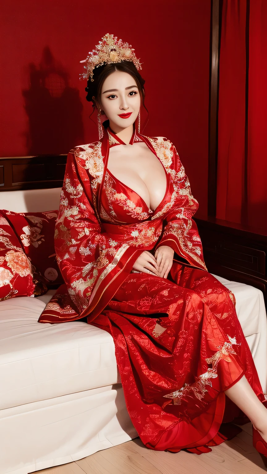 (Hyper-realistic 8K CG: 1.2), Perfect work of art, Exquisite patterns, Intricate details, (An unrivalled masterpiece, best quality: 1.2), (Extremely complex: 1.2), woman in red and gold dress, ((dark brown hair, Big tits:1.2 )), (Low-cut,Deep V),Phoenix Coronet, hair stick, (Red bed: 1.3), cosmetic, blush, Shy, (Smile),Black_hair, Looking at the audience, cosmetics, (Lace,silk), (chiffon:1.5),Show her breasts, (Faint areola:1.5),,Chinese_clothing, ((Red loose comfortable clothing:1.4)),(Large Breasts),D cup ,curtain, earrings, hair_decorate,Hanfu, Internal, Jewelry, Red nails, long_sleeve, (On the Red Bed,Red pillow:1.6) ,(minuscule underwear:1.5),Red Dress, red lips, tassel, (Red pillow,Red quilt), (Red Hi Word: 1.2), (ancient Chinese architecture),, night,(wedding),(Marriage room),Chinese style marriage room,(Phoenix Coronet:1.5),(bridal chamber),(joyful eyes:1.5),