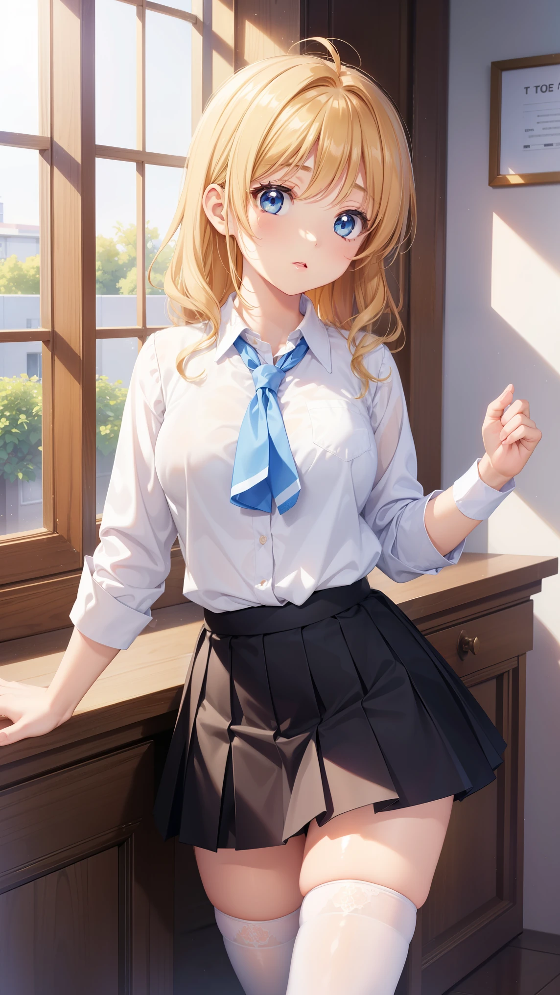 1girl, natural lighting, masterpiece, highly detailed, illustration, game CG, absurdres, high quality, kinomoto sakura, (18 year old girl), medium breasts, beautiful detailed eyes, glossy lips, natural lighting, blonde hair, blue eyes, school, white shirt, black pleated miniskirt, thigh highs