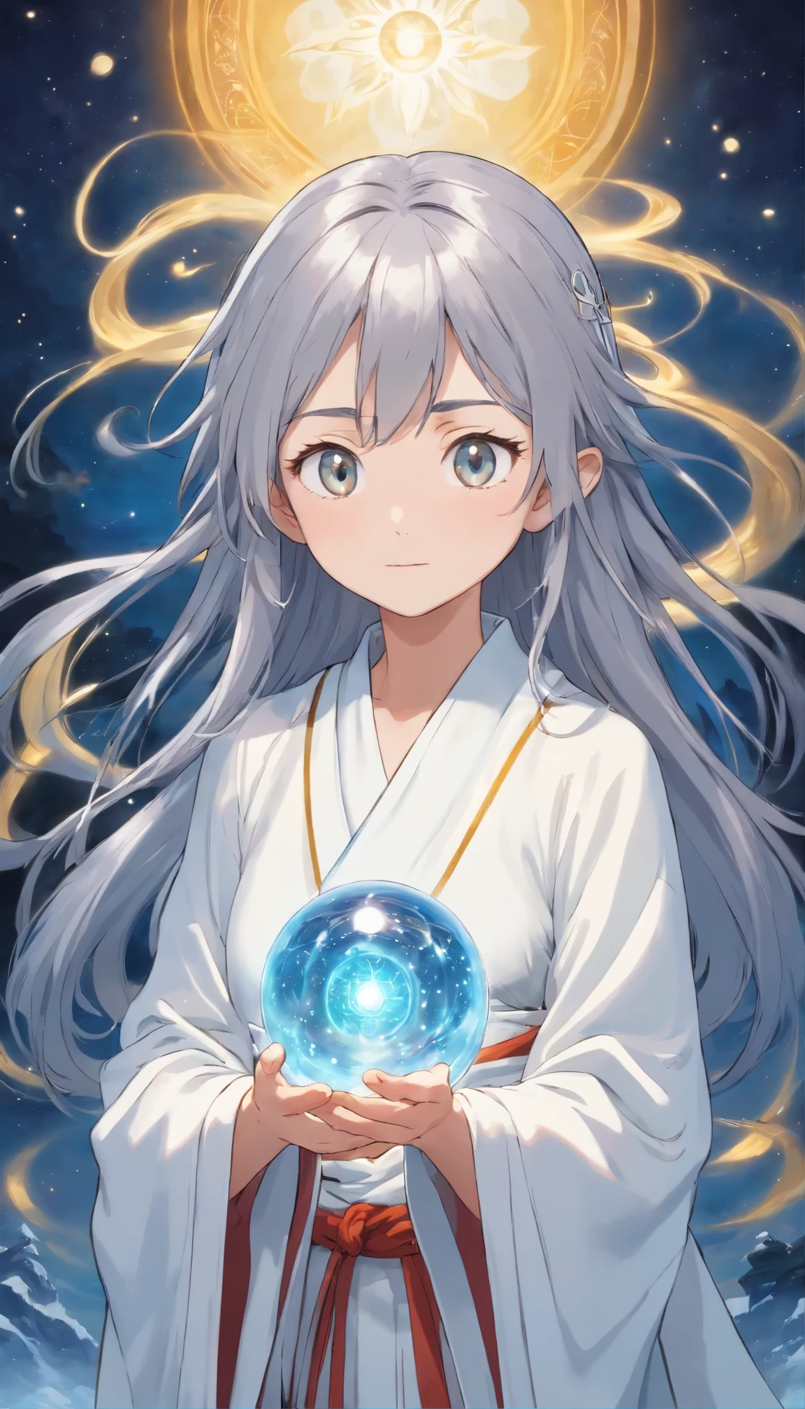 masterpiece、peerless、single、1 person、Beauty、like々Young ager、Elven Wizard、slim、Elegance、Long silver hair、Swirling grey pupils、Luminous floating sphere、White silk robe、Detailed robe、Relaxing in solitude、Desert detailed background。The wizard in his intricate white robe、It has emerged as a timeless symbol of power.、Long silver hairを優雅に流し、It frames the distinctive symmetrical lines of the face.。Grey pupils sparkling with ancient wisdom、It seems to be dancing, shimmering in the light。
