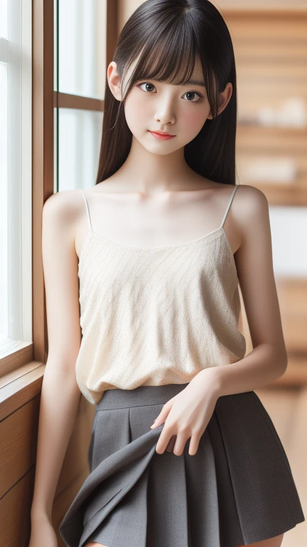 UHD, Retina, masterpiece, precise, Anatomically correct, Textured Skin, Super Detail, High Detail, high quality, The award-winning, best quality, High resolution, 1080P, HD, 4k, 8K, 16K、Cute girl、Camisole skirt、Pleated Skirt