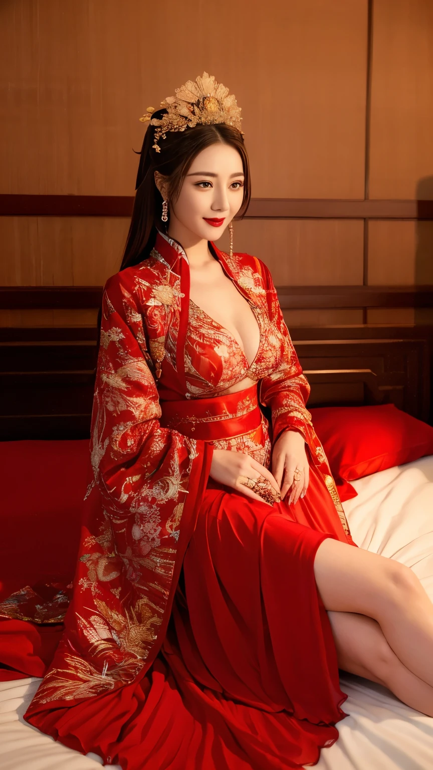 (Hyper-realistic 8K CG: 1.2), Perfect work of art, Exquisite patterns, Intricate details, (An unrivalled masterpiece, best quality: 1.2), (Extremely complex: 1.2), woman in red and gold dress, ((dark brown hair, Big tits:1.2 )), (Low-cut,Deep V),Phoenix Coronet, hair stick, (Red bed: 1.3), cosmetic, blush, Shy, (Smile),Black_hair, Looking at the audience, cosmetics, (Lace,silk), (chiffon:1.5),Show her breasts, (Faint areola:1.5),,Chinese_clothing, ((Red loose comfortable clothing:1.4)),(Large Breasts),D cup ,curtain, earrings, hair_decorate,Hanfu, Internal, Jewelry, Red nails, long_sleeve, (在Red bed上,Red pillow:1.6) ,(minuscule underwear:1.5),Red Dress, red lips, tassel, (Red pillow,Red quilt), (Red Hi Word: 1.2), (ancient Chinese architecture),, night,(Chinese婚礼),(Marriage room),中式Marriage room,(Phoenix Coronet霞帔:1.5),(bridal chamber),(joyful eyes:1.5),