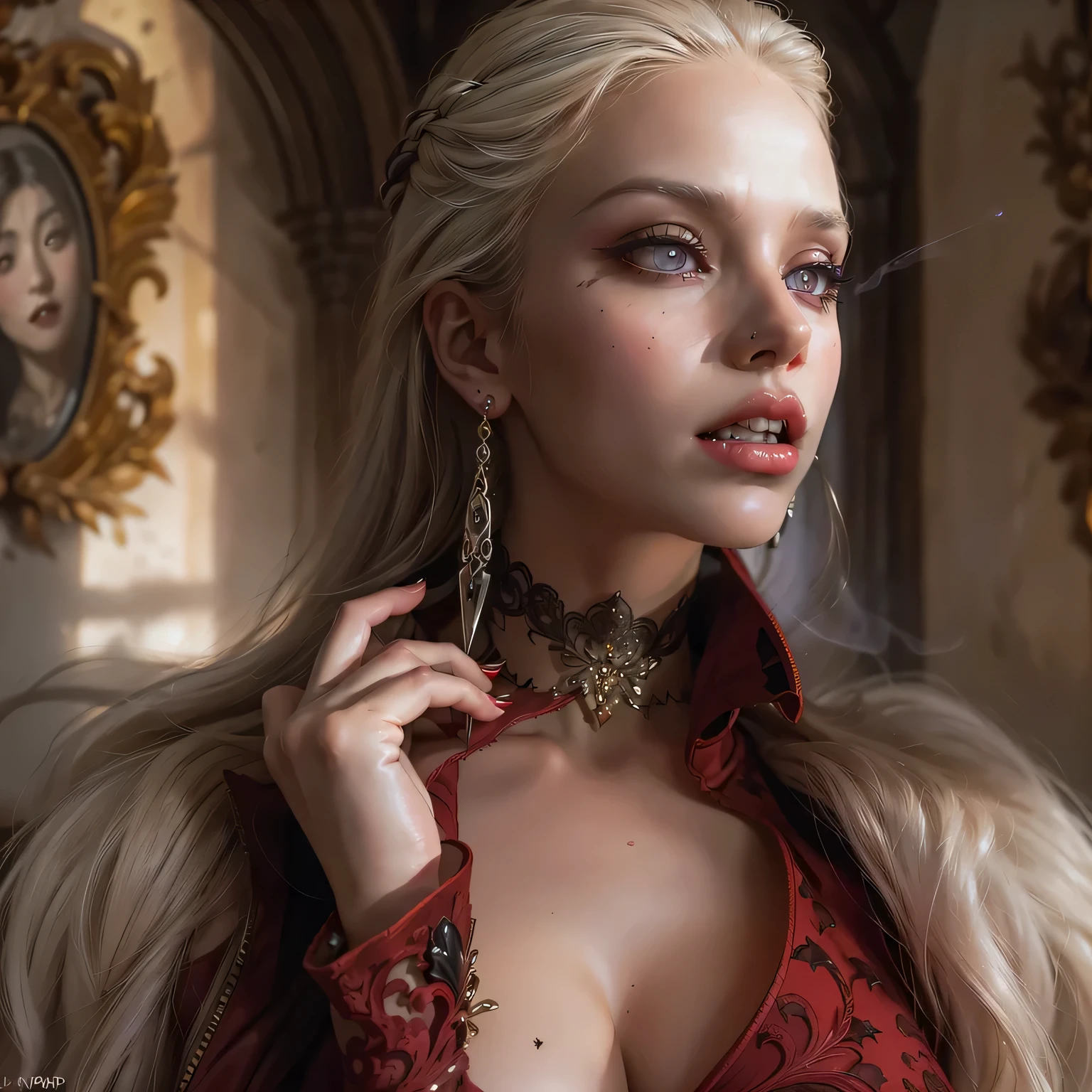 Vampyfangs1 , (RAW photo) , (detailed eyes:1.10) , (insane details), cute, 20 years old, long blonde hair in a high ponytail , ((((glossy silver and gold lined satin cape tied at the neck)))+++, ((naked:1.20))++ , sitting on a bed, masturbating, photo, realistic, best quality, hires, detailed face,
detailed background, Full body shot , depth of field, bokeh