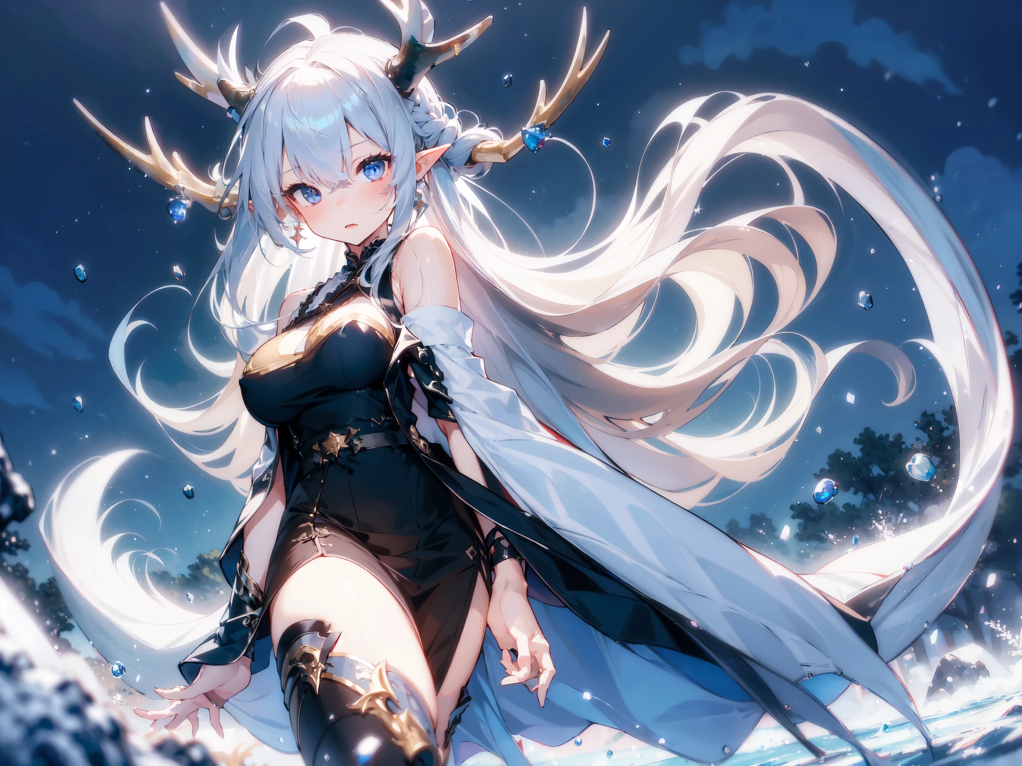 (best quality, highres, masterpiece : 1.4), (arknight), (flatten art : 0.8), masterpiece, (best quality), dark environment, 1woman, anime, long hair, white hair, straight hair, stag horns, pale skin, dark eyes, long pointy ears, tall, white ao dai, medium sized breast, (detailed face), (intricate hand),(detailed hand), solo, mystical atmosphere, night, snow, ice, winter, close-up, dynamic angle
