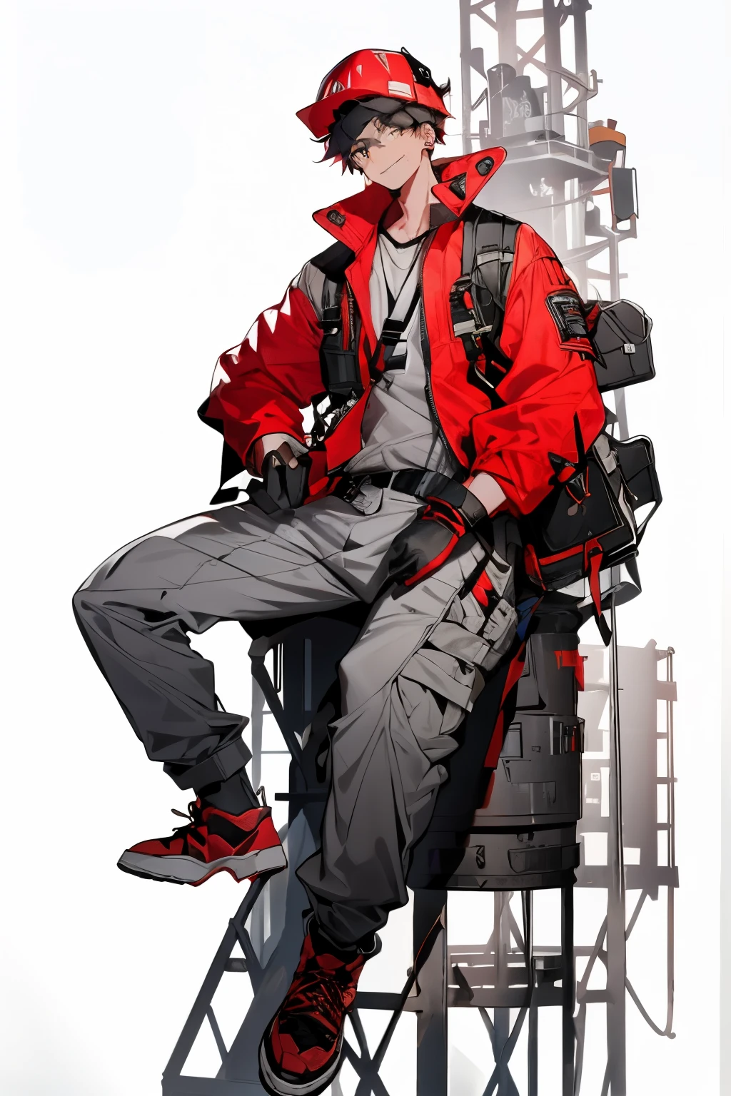 solo, looking_at_viewer, smile, red_hair, simple_background, shirt, white_eyes, hat, gloves, 1boy, sitting, jacket, full_body, male_focus, open_clothes, shoes, black_gloves, pants, bag, open_jacket, red_jacket, headwear, white_pants, sneakers, grey_shirt