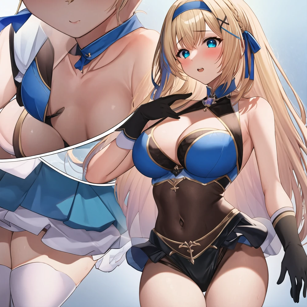 (masterpiece, best quality:1.2), 1girl, solo, blond hair, blue hairband, blue hair ribbon on the left, white-blue breast, black gloves, knight skirt, Solid color background