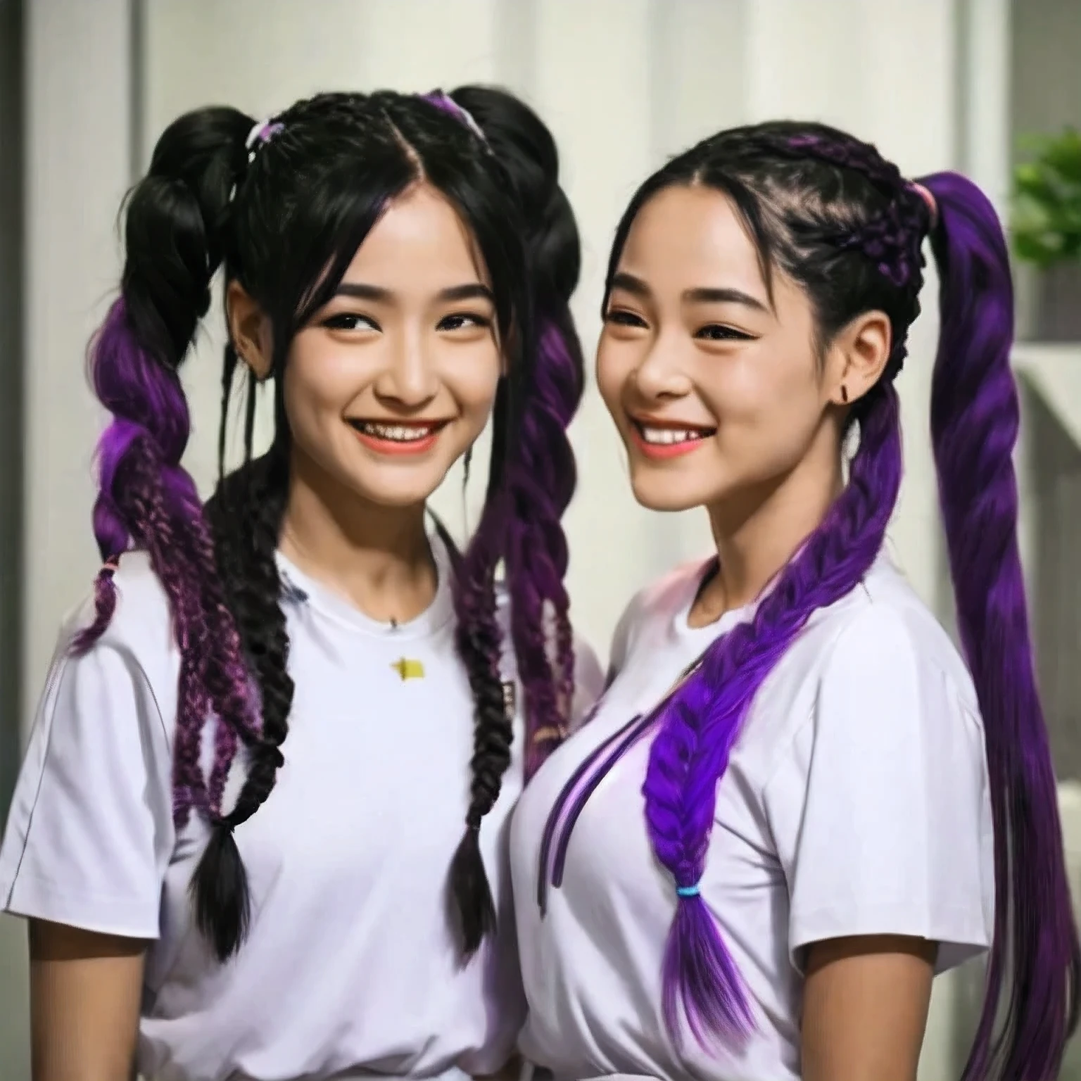 arafed 2 girls with purple hair and a white shirt, long braided purple hair, violet long hair, elegant fantasy style braids, pigtails hairstyle, long light purple hair, long purple hair, purple long hair, long violet hair, purple flowing hair, lavender hair, purple hair, violet hair, lilac hair, flowing purple hair, kawaii hairstyle, purple color,(((2 girls))), solo,araffe 2 girls with long hair and a black top smiling, her face flushing and sweat, she is smiling and excited, staring sofía vergara screaming, she expressing joy, looks a blend of grimes, she is laughing, hito steyerl, so happy that her face hurts, looks like a mix of grimes, she is smiling and happy