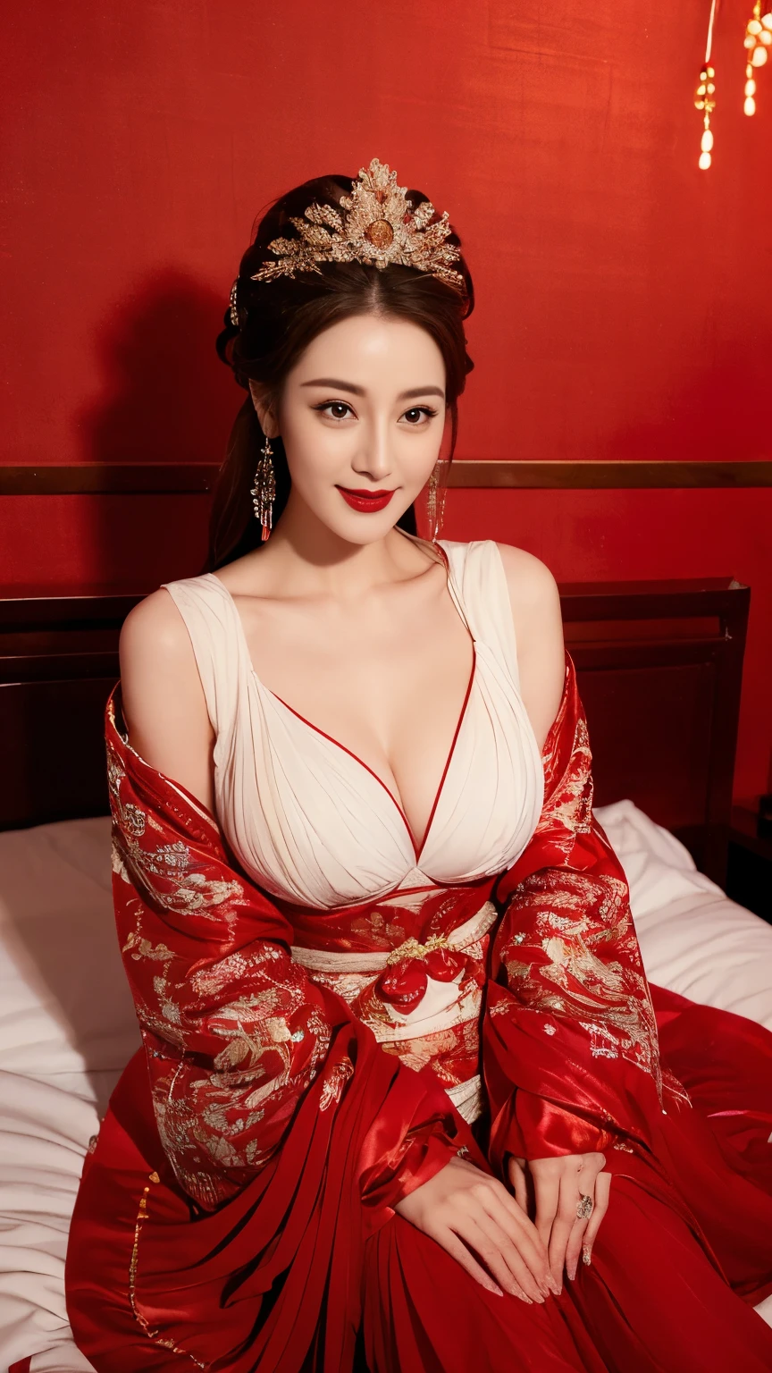 (Hyper-realistic 8K CG: 1.2), Perfect work of art, Exquisite patterns, Intricate details, (An unrivalled masterpiece, best quality: 1.2), (Extremely complex: 1.2), woman in red and gold dress, ((dark brown hair, Big tits:1.2 )), (Low-cut，Deep V),Phoenix Coronet, hair stick, (Red bed: 1.3), cosmetic, blush, Shy, (Smile),Black_hair, Looking at the audience, cosmetics, (Lace，silk), (chiffon:1.5),Show her breasts， (Faint areola:1.5),，Chinese_clothing, ((Red loose comfortable clothing:1.4)),(Large Breasts),D cup ，curtain, earrings, hair_decorate,Hanfu, Internal, Jewelry, Red nails, long_sleeve, （在Red bed上，Red pillow:1.6） ，（minuscule underwear:1.5），Red Dress, red lips, tassel, (Red pillow,Red quilt), (Red Hi Word: 1.2), (ancient Chinese architecture),, night,（Chinese婚礼），（Marriage room），中式Marriage room，（Phoenix Coronet霞帔:1.5）,（bridal chamber），(joyful eyes:1.5),