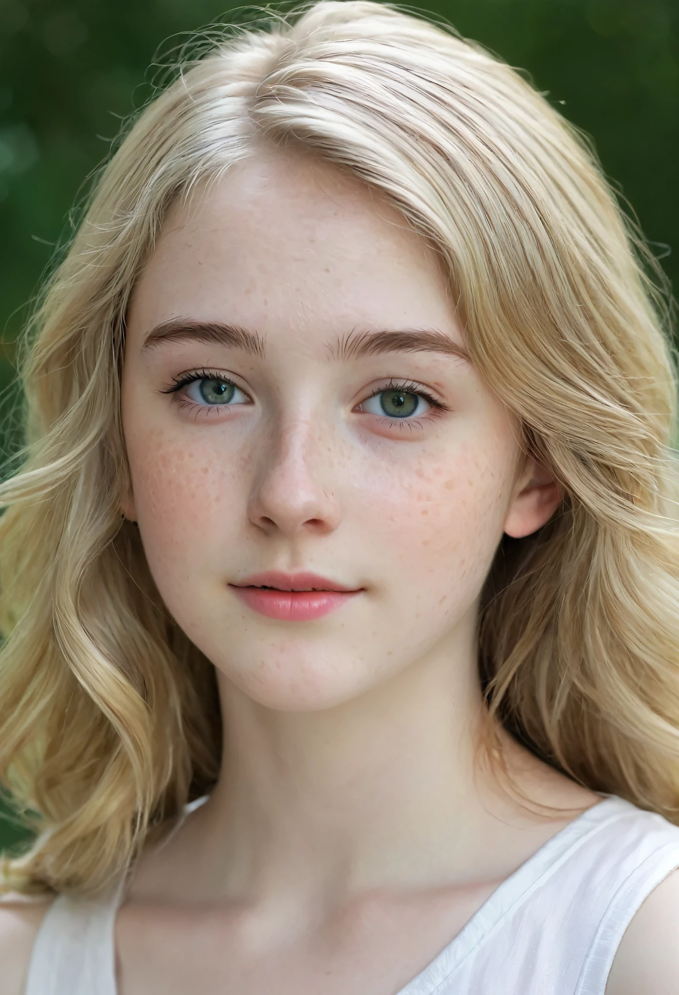 A medium shot of very beautiful realistic girl, Irish teenager, 15-years-old, porcelain skin, very fair skin, very pale skin, blonde hair, wavy, detail freckles skin, hazel eyes, slanted eyes, small nose, small nostril, thick curved eyebrow, thick bottom lip, seductive gaze, happy face, unique face, detail photo, realistic photo, master piece picture, sharp picture, outdoor clear daylight, half body shot