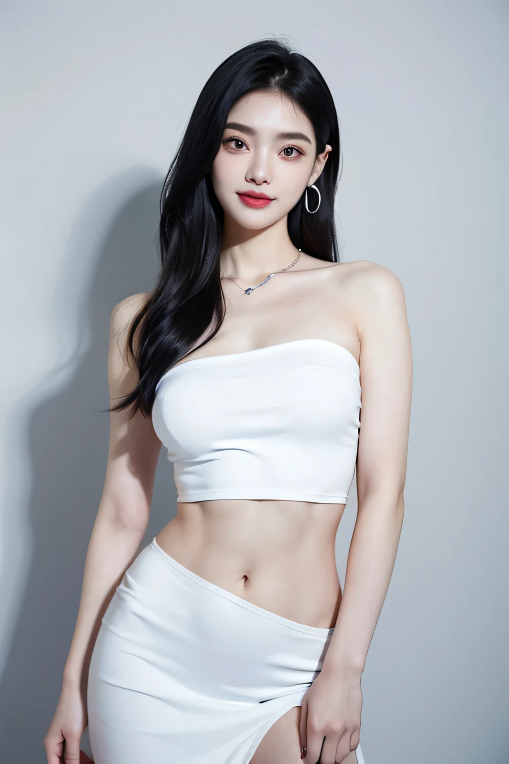 (Extra detailed body、The face is rich in detail、Best quality:1.2)、woman、looking at the audience、Full body model，(quirky fashion、Large shoulder-length piercing、A necklace、Clothes with strong contrast of gray, blue, white and black、Asymmetry)、(Contrasting white and gray wall on background)，Smiling，Big breasts