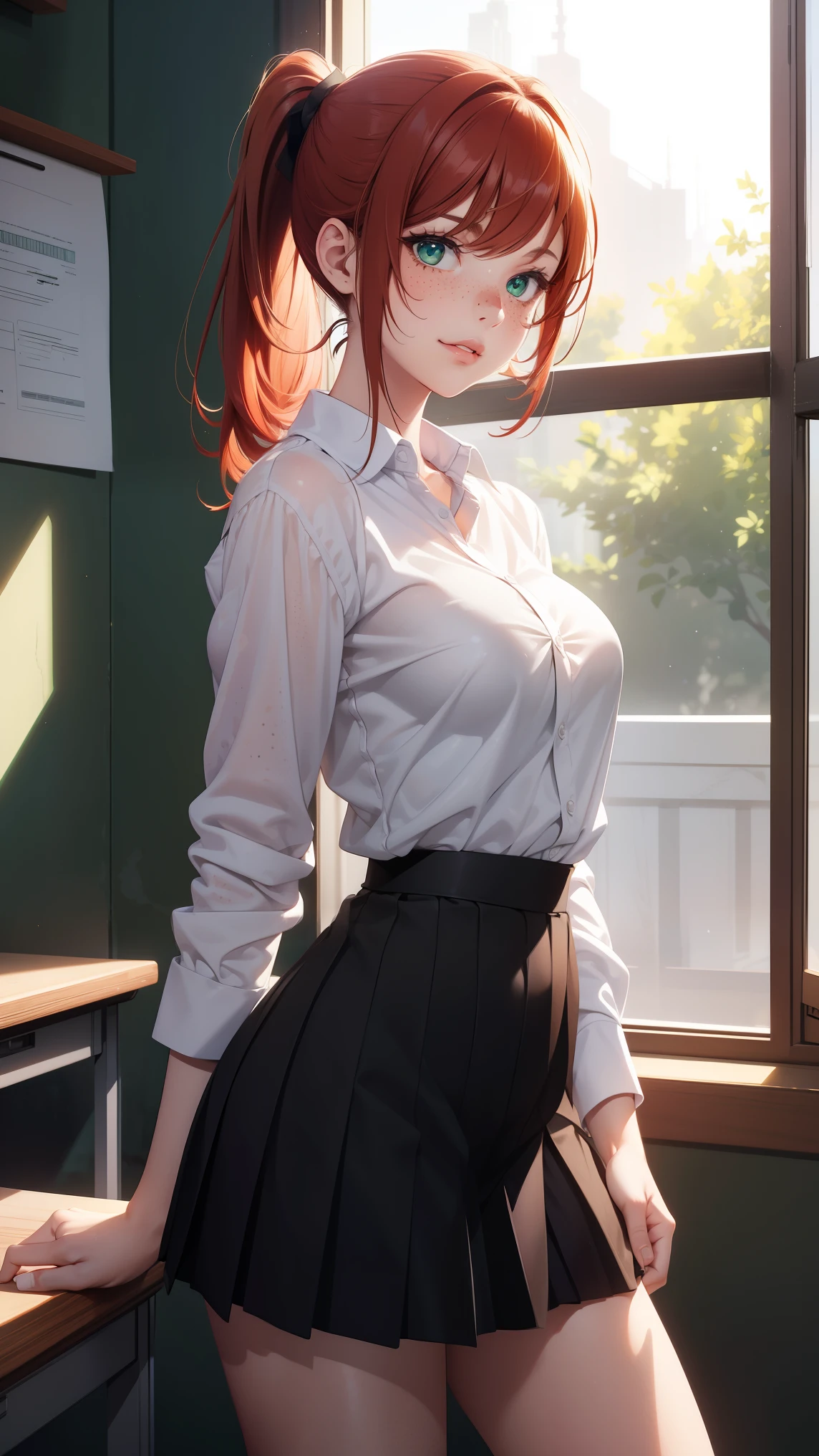 1girl, natural lighting, masterpiece, highly detailed, illustration, game CG, absurdres, high quality, beautiful detailed eyes, glossy lips, natural lighting, medium breasts, redhead, bangs, green eyes, freckles, sitting, classroom, white shirt, black pleated miniskirt, evil smirk