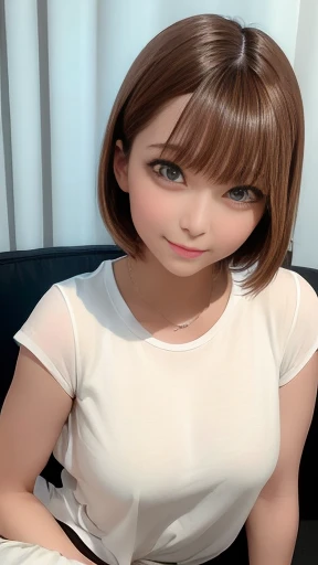 highest quality, Ultra-high resolution, (Realistic: 1.4), beautiful Eyes, Super beautiful, Very short hair, beautiful, Spouse, Tight T-shirt, Tokki nipple:1.37,beautiful Soldier, Inviting eyes, Spouseの視点, attractive appearance, Sexy smile, Perfect Style, Perfect balance, Detailed skin, Mischievous Gaze, I can see your chest,Shot up to the knee,