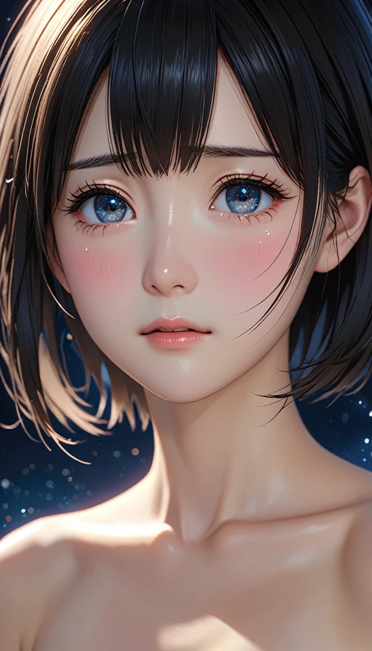 National Science Foundation,masterpiece,High resolution,8K,Art,digit,Three-dimensional,Realism,Kyoto Animation Style,Your name style,looking into camera,Soft Light,Glowing skin,(1 female: 1.3),(alone: 1.4),(((black hair))),(Naked upper body),Long eyelashes,Slender legs,Short Bob,Close-up of upper body,Close-up,close view,(Eyes as deep as the starry sky),(blush),(shy),(lovely and delicate),(Pitiful),(cry),(shed tears),(((sadness)))