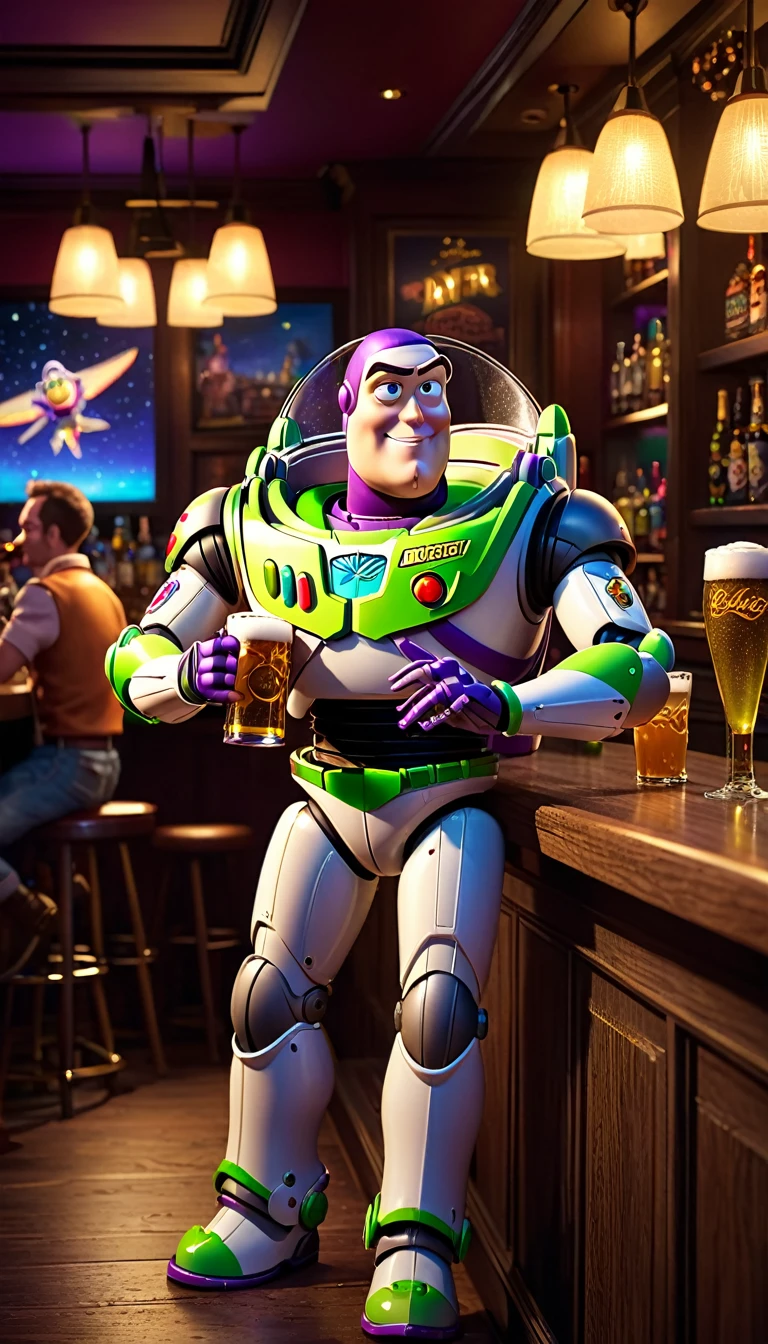 a highly detailed 3D render of buzz lightyear in a bar, close up photo, hebis sitting in bar, drinking beer and talking with a Barbie doll (who sit next to him), masterfully crafted, cinematic lighting, award winning, photorealistic, 8k, hyper detailed, intricate, elegant, stunning, beautiful colors, vibrant, dynamic composition