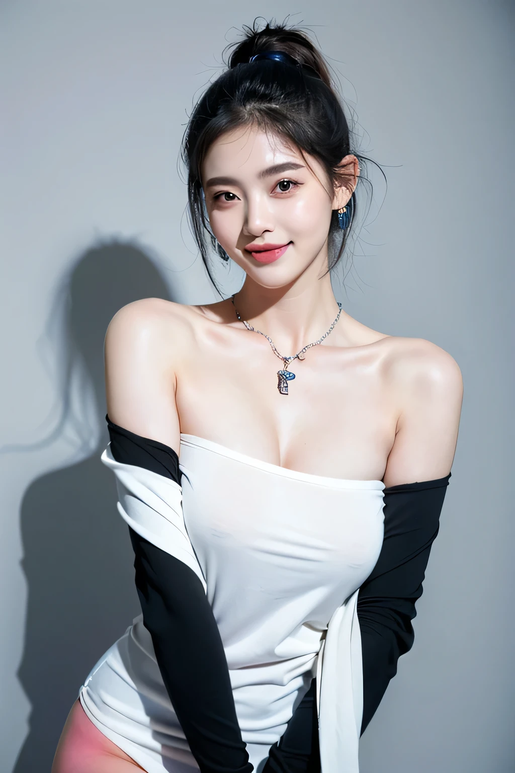 (Extra detailed body、The face is rich in detail、Best quality:1.2)、woman、looking at the audience、Full body model,(quirky fashion、Large shoulder-length piercing、A necklace、Clothes with strong contrast of gray, blue, white and black、Asymmetry)、(Contrasting white and gray wall on background),Smiling,Big breasts