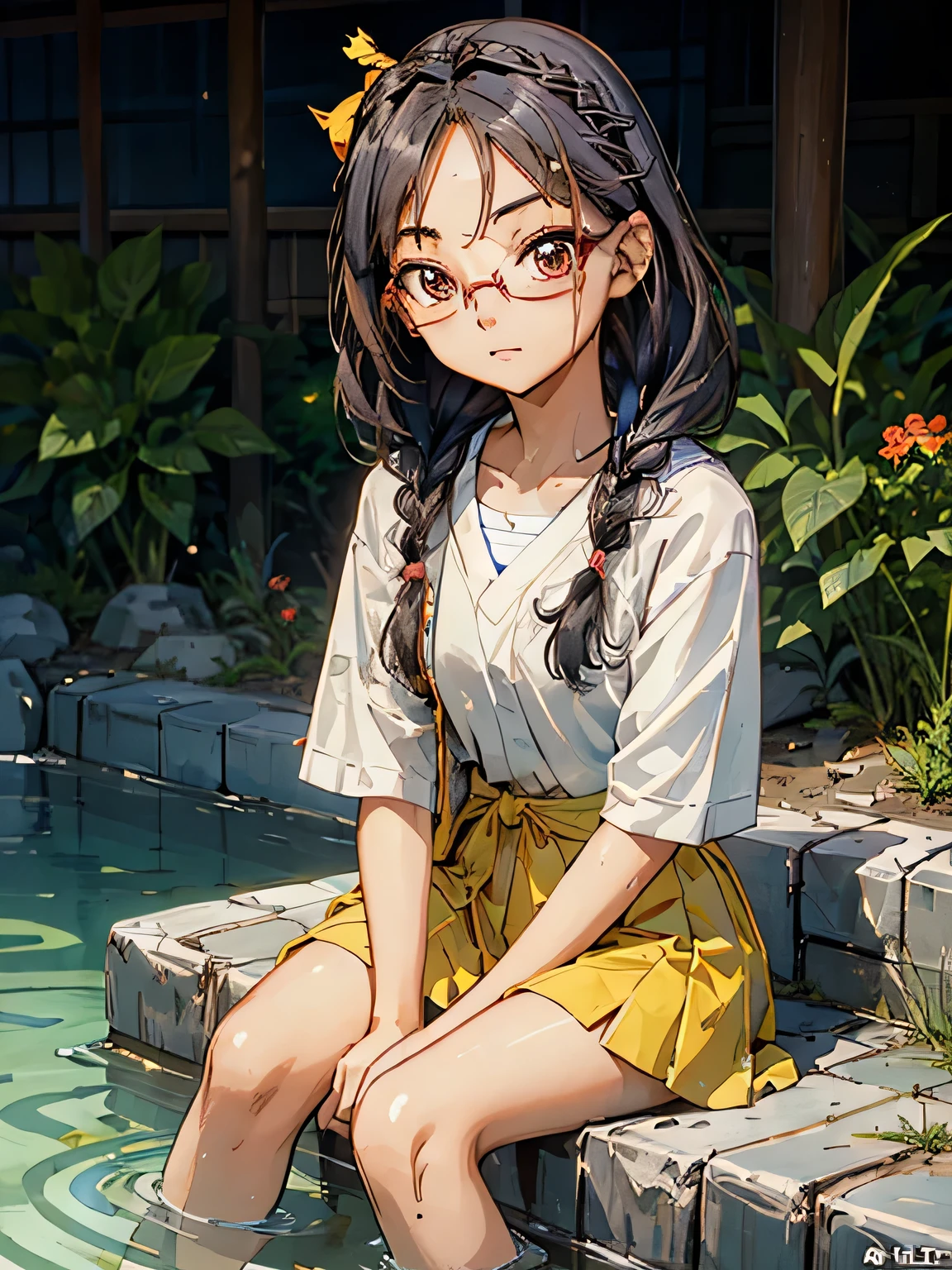 ((( character : teenager : Tzuyu : nerd : fit body : braided hair : glasses :  : sitting  ))) a super model soaking in a hot spring in Japan