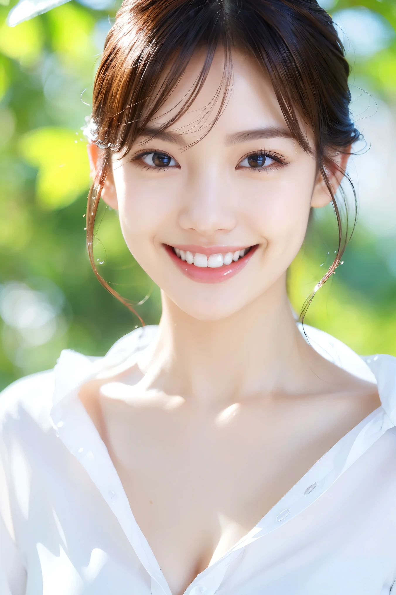 (highest quality、Tabletop、8k、Best image quality、Award-winning works)、(Bask in the wet beauty:1.1)、(White polyester open collar shirt:1.3)、(Wet white open shirt:1.2)、(Fixed Front Configuration:1.1)、(Very wet shirt:1.1)、Brown eyes、(strong, Blurred, Refreshing green background:1.1)、(Strongly Blurred background:1.1)、(Beautiful dewey, Glowing Skin:1.1)、(very bright and refreshing:1.4)、(Very refreshing advertising image:1.1)、Big Breasts、Cleavage、Accentuate your body lines、(The biggest smile is looking at me:1.1)、(Smiling with beautiful teeth:1.1)、Perfect Makeup、With bangs、Ultra-high resolution beauty face、Ultra HD Hair、Ultra-high resolution sparkling eyes、Super high quality glossy lip、Accurate anatomy、(very bright and vivid:1.4)、(Wet face close-up:1.35)、(Ultra-high resolution countless water droplets:1.2)、(The most natural and perfect splash:1.1)、(A spectacular splash:1.1)、(Perfectly recreates the texture of wet hair:1.1)、(dewey, Glowing Skin:1.2)、(Wet and shiny hair:1.2)、(Ultra-high resolution, bright and beautiful skin:1.3)、(Wet white open shirt:1.2)