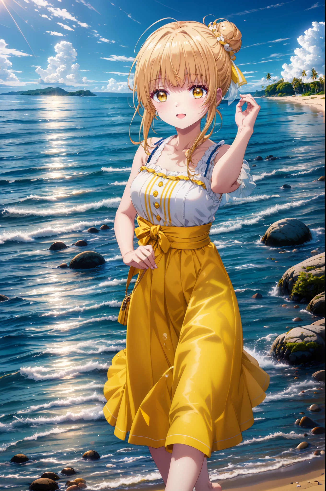 mahirushiina, Mahiru shiina, Long Hair, bangs, Blonde Hair, Brown Hair, (Yellow Eyes:1.3), happy smile, smile, Open your mouth,smile,Black jacket,Hair Bun, double Hair Bun,Yellow sleeveless dress,Yellow long skirt、barefoot,Strolling on the sandy beach,True Summer,Daytime,coastal通,whole bodyがイラストに入るように,
break outdoors, coastal,
break looking at viewer, whole body,
break (masterpiece:1.2), highest quality, High resolution, unity 8k wallpaper, (figure:0.8), (Beautiful fine details:1.6), Highly detailed face, Perfect lighting, Highly detailed CG, (Perfect hands, Perfect Anatomy),