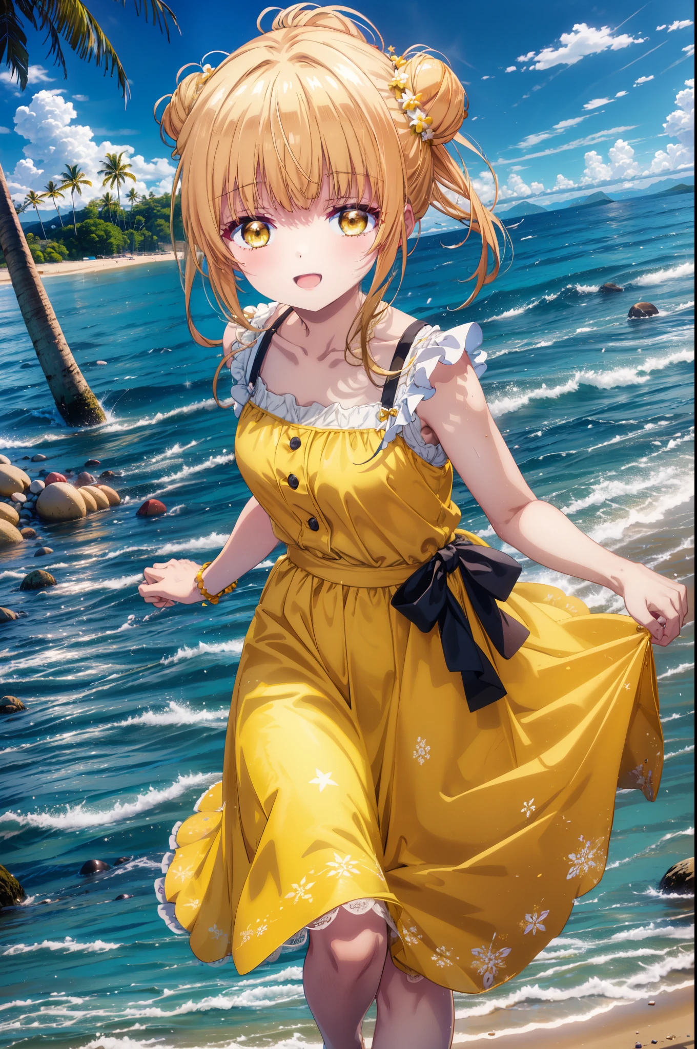 mahirushiina, Mahiru shiina, Long Hair, bangs, Blonde Hair, Brown Hair, (Yellow Eyes:1.3), happy smile, smile, Open your mouth,smile,Black jacket,Hair Bun, double  Hair Bun,Yellow sleeveless dress,Yellow long skirt､barefoot,Strolling on the sandy beach,True Summer,Daytime,coastal通,whole bodyがイラストに入るように,
break outdoors, coastal,
break looking at viewer, whole body,
break (masterpiece:1.2), highest quality, High resolution, unity 8k wallpaper, (figure:0.8), (Beautiful fine details:1.6), Highly detailed face, Perfect lighting, Highly detailed CG, (Perfect hands, Perfect Anatomy),