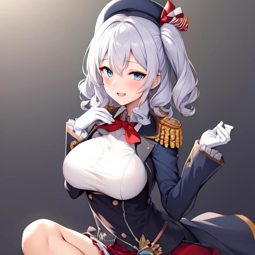 (masterpiece, best quality:1.2),giggle,A hand touched his chest,illustration,8K,HD,1 girl,solitary,portrait,blush,white hair,blue eyes,curls,Double tail,Berets,Epaulettes,Ruffled sleeves,Jacket,Large Breasts,Long sleeve,,mini skirt,Pleated Skirt,Red tie,White gloves,anchor,Solid color background