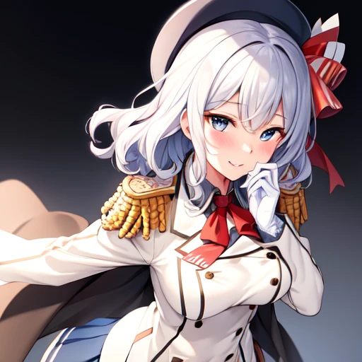 (masterpiece, best quality:1.2),giggle,A hand touched his chest,illustration,8K,HD,1 girl,solitary,portrait,blush,white hair,blue eyes,curls,Double tail,Berets,Epaulettes,Ruffled sleeves,Jacket,Large Breasts,Long sleeve,,mini skirt,Pleated Skirt,Red tie,White gloves,anchor,Solid color background