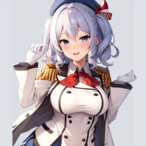 (masterpiece, best quality:1.2),giggle,A hand touched his chest,illustration,8K,HD,1 girl,solitary,portrait,blush,white hair,blue eyes,curls,Double tail,Berets,Epaulettes,Ruffled sleeves,Jacket,Large Breasts,Long sleeve,,mini skirt,Pleated Skirt,Red tie,White gloves,anchor,Solid color background