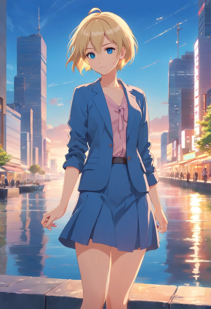 17 years old Women, ((Blonde)), ((Blue eyes)), ((Short hair)), ((Full shot)), very detailed makeup, pale pink lipstick, long earrings, bare shoulders, dressed in a linen blazer with no blouse, no bras and a very short skirt, high heels and bracelets on her wrist. she is standing on the Costanera with the sea in the background((Full Body))