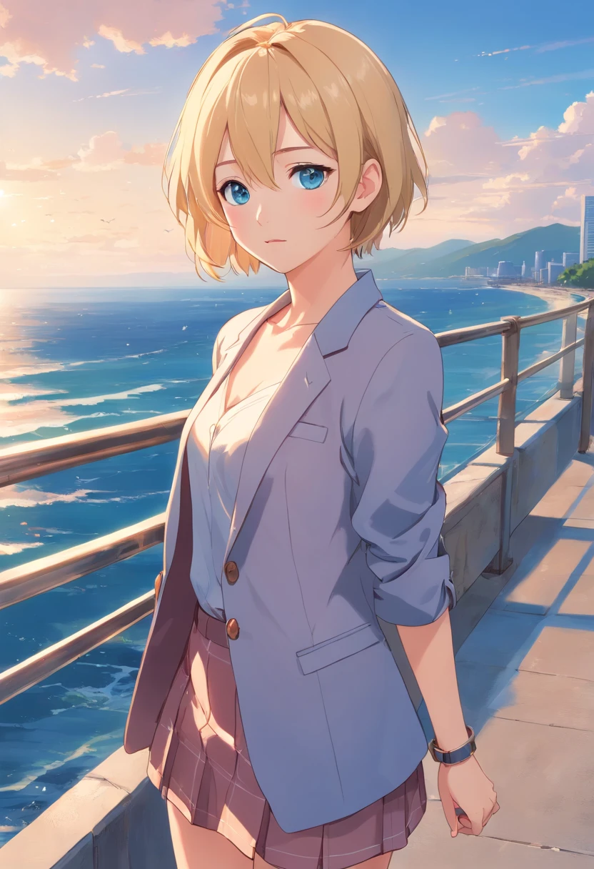 17 years old Women, ((Blonde)), ((Blue eyes)), ((Short hair)), ((Full shot)), very detailed makeup, pale pink lipstick, long earrings, bare shoulders, dressed in a linen blazer with no blouse, no bras and a very short skirt, high heels and bracelets on her wrist.  she is standing on the Costanera with the sea in the background((Full Body))