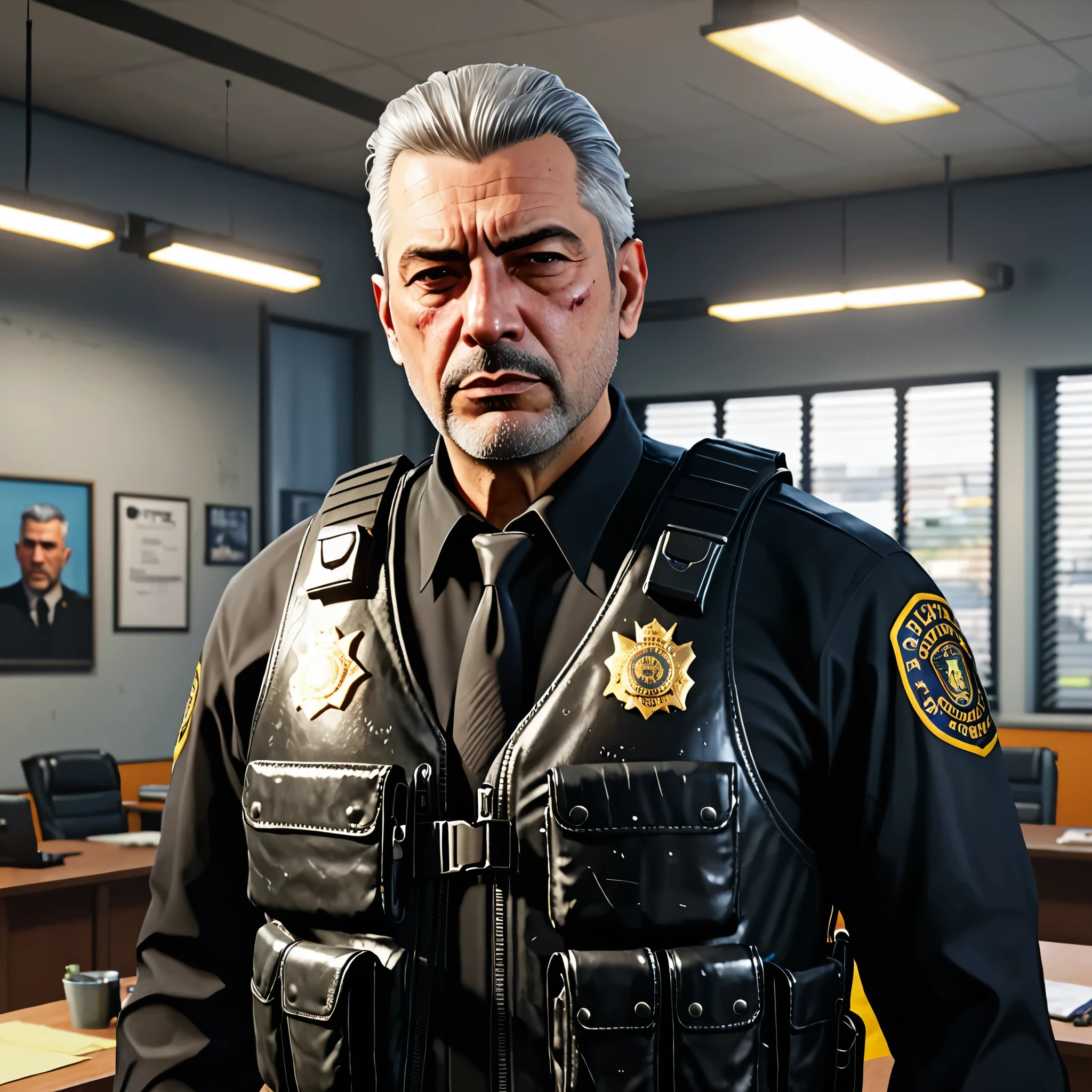 A man with gray hair and war scars, dressed in black with a special police suit, with a bulletproof vest, police chief, in a police station, corrupt cop    ,style grand theft auto, HD PORTRAIT