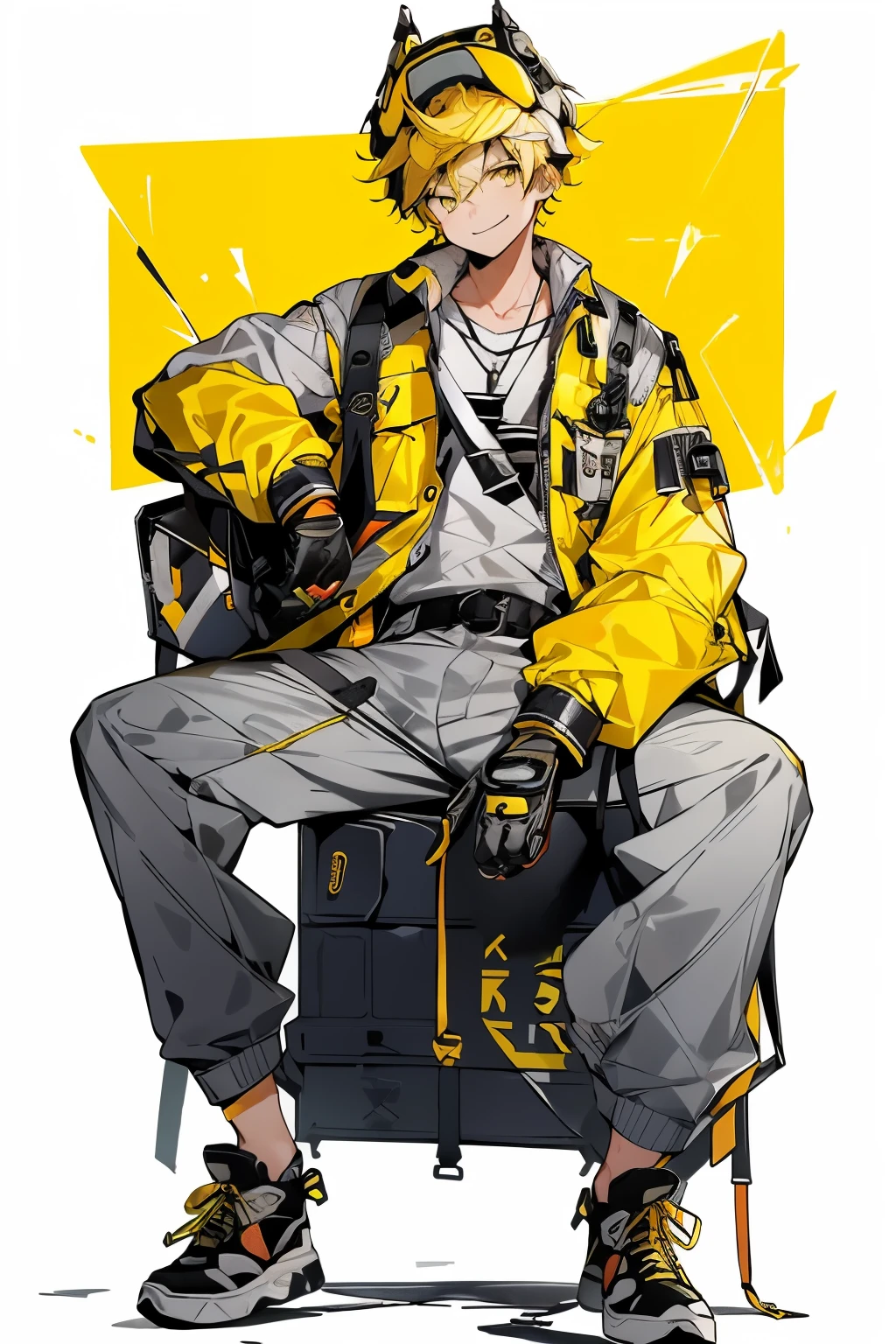 ((chibi, cute)) solo, looking_at_viewer, smile, yellow_hair, simple_background, shirt, yellow_eyes, hat, gloves, 1boy, sitting, jacket, full_body, male_focus, open_clothes, open_jacket, yellow_jacket, headgear, white_pants, sneakers, grey_shirt, gloves, bag